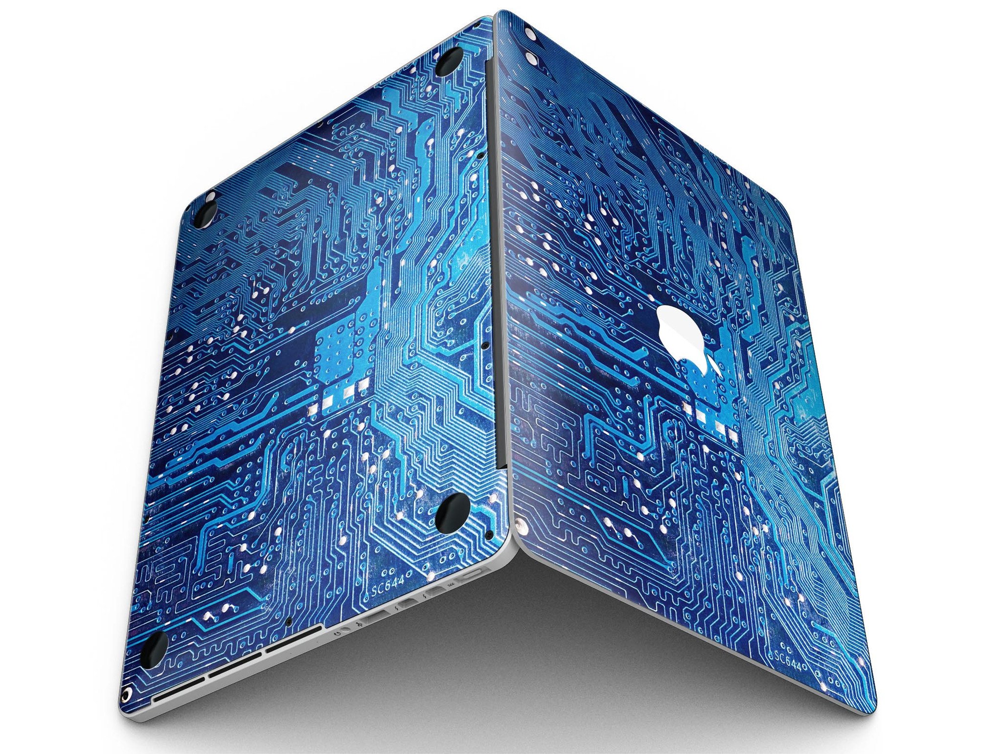 Blue Circuit Board V1 skin for MacBook Pro with Retina Display, showcasing vibrant design and precise cutouts for ports and buttons.