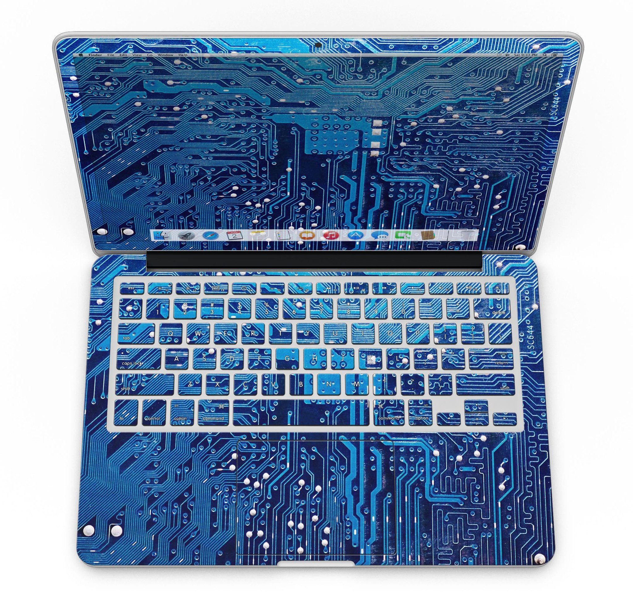 Blue Circuit Board V1 skin for MacBook Pro with Retina Display, showcasing vibrant design and precise cutouts for ports and buttons.