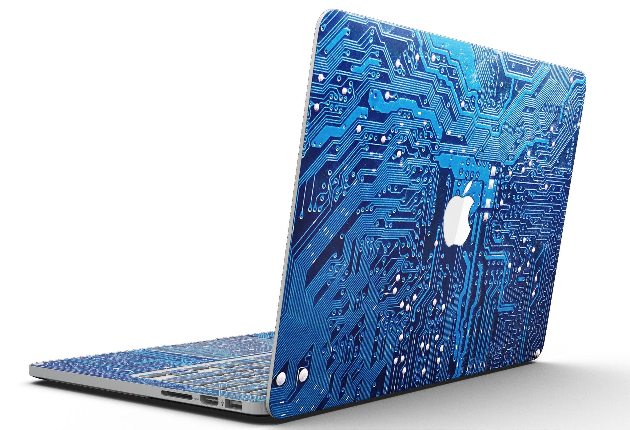 Blue Circuit Board V1 skin for MacBook Pro with Retina Display, showcasing vibrant design and precise cutouts for ports and buttons.