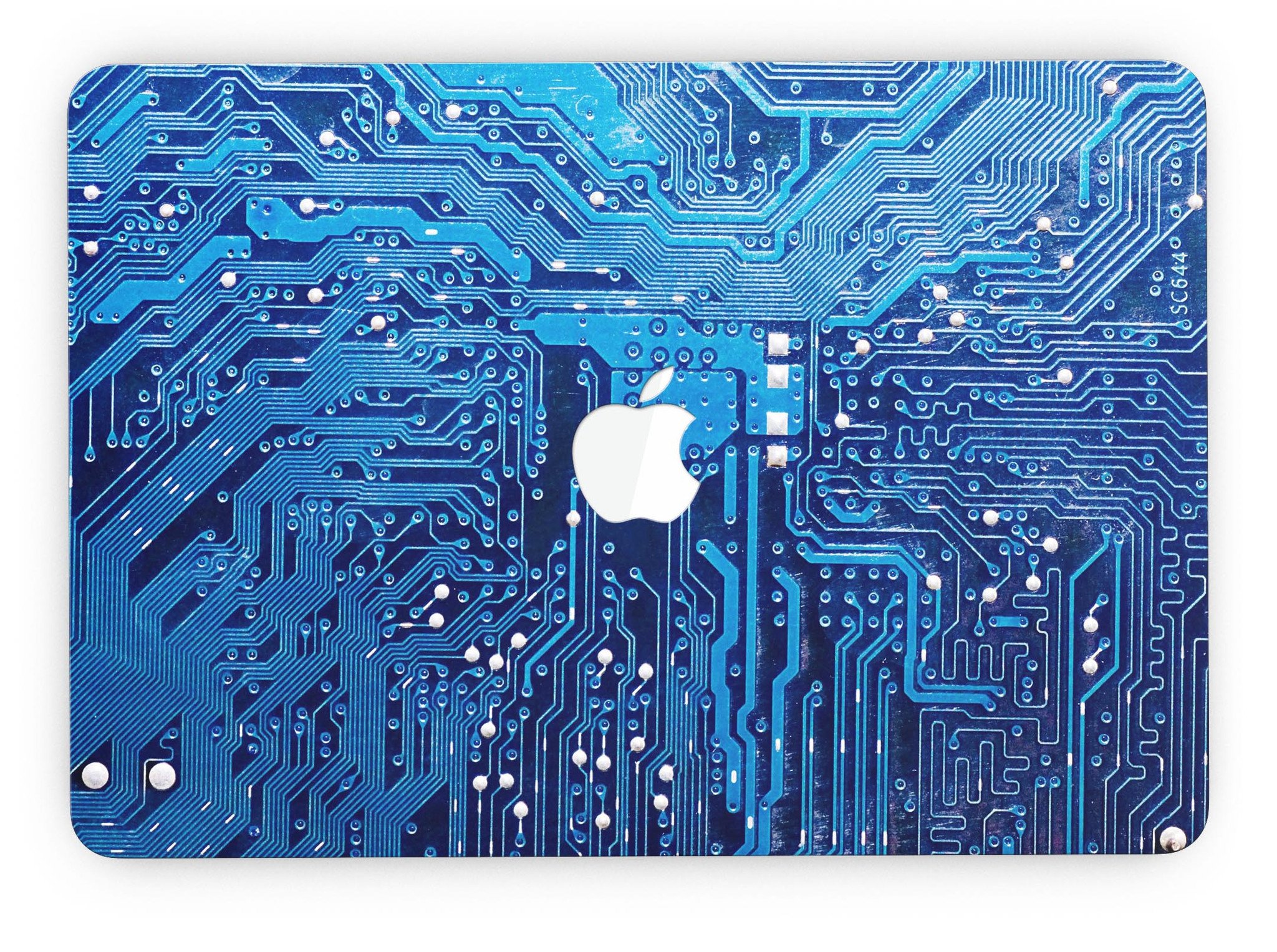 Blue Circuit Board V1 skin for MacBook Pro with Retina Display, showcasing vibrant design and precise cutouts for ports and buttons.