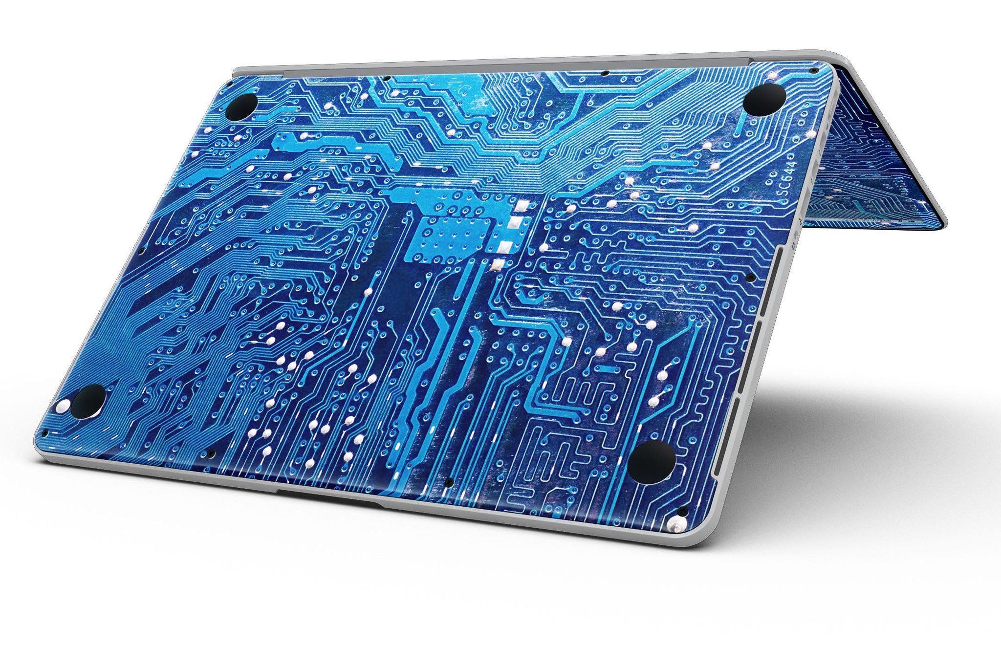 Blue Circuit Board V1 skin for MacBook Pro with Retina Display, showcasing vibrant design and precise cutouts for ports and buttons.