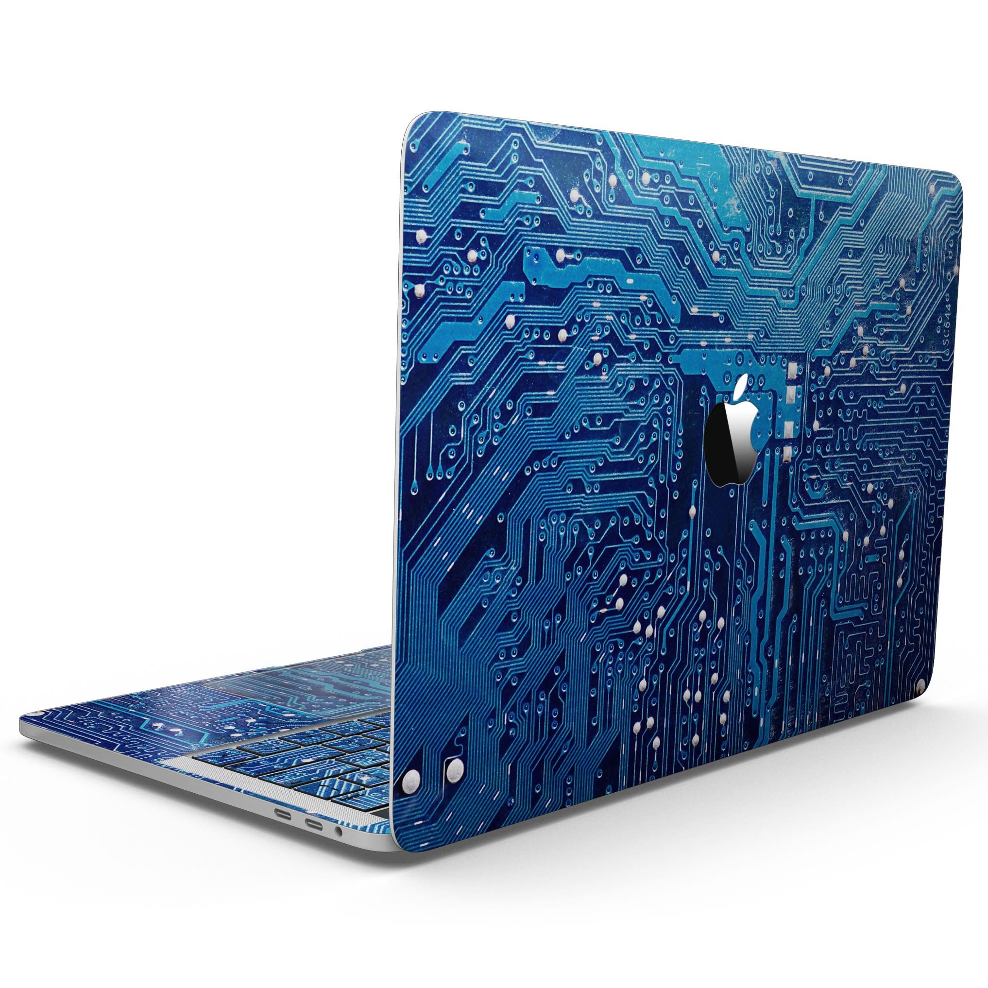 Blue Circuit Board V1 skin kit for MacBook Pro with Touch Bar, showcasing a vibrant circuit design on premium vinyl.