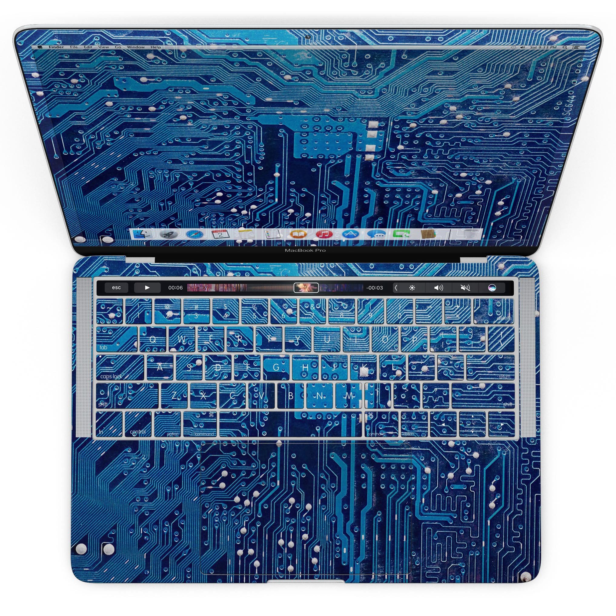 Blue Circuit Board V1 skin kit for MacBook Pro with Touch Bar, showcasing a vibrant circuit design on premium vinyl.