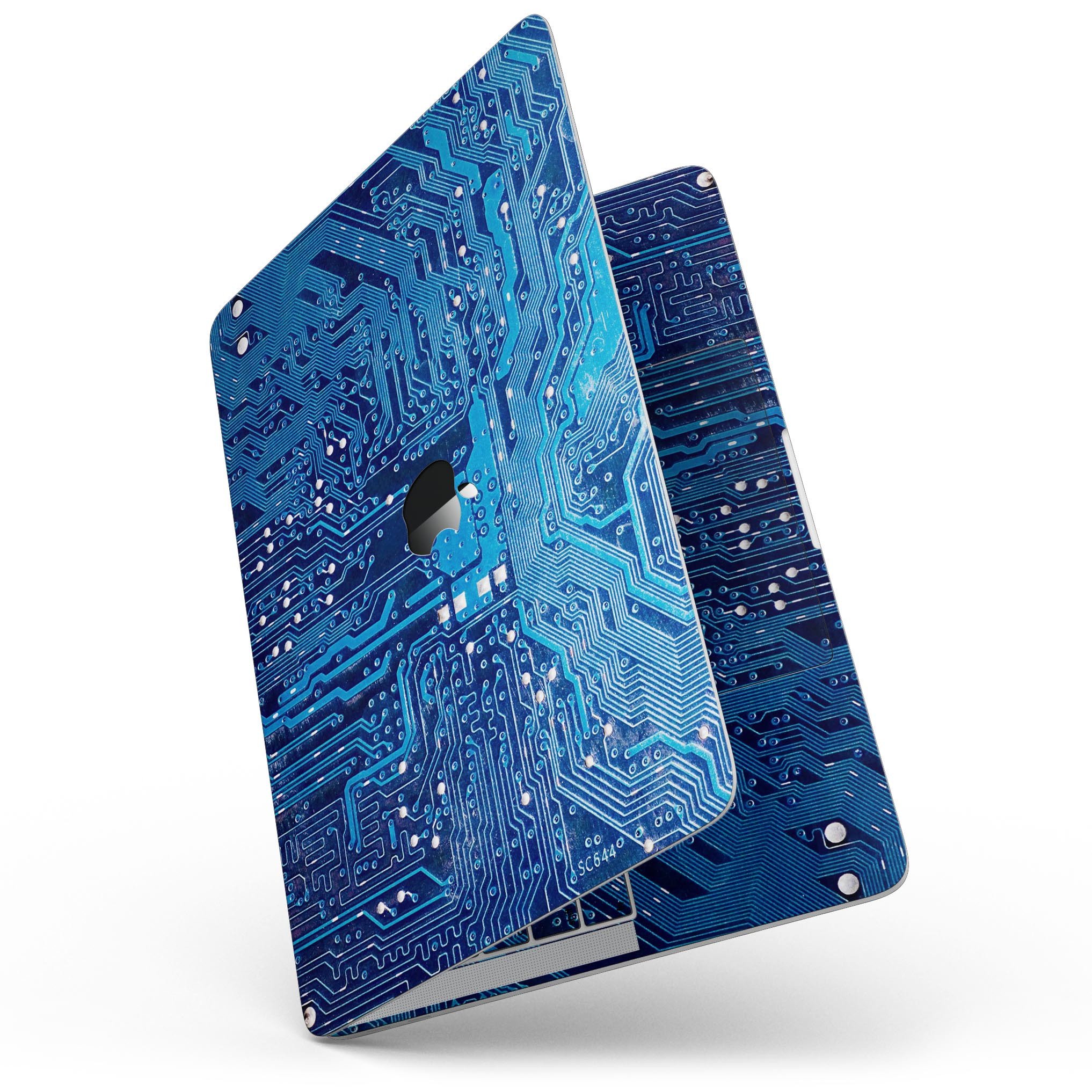 Blue Circuit Board V1 skin kit for MacBook Pro with Touch Bar, showcasing a vibrant circuit design on premium vinyl.