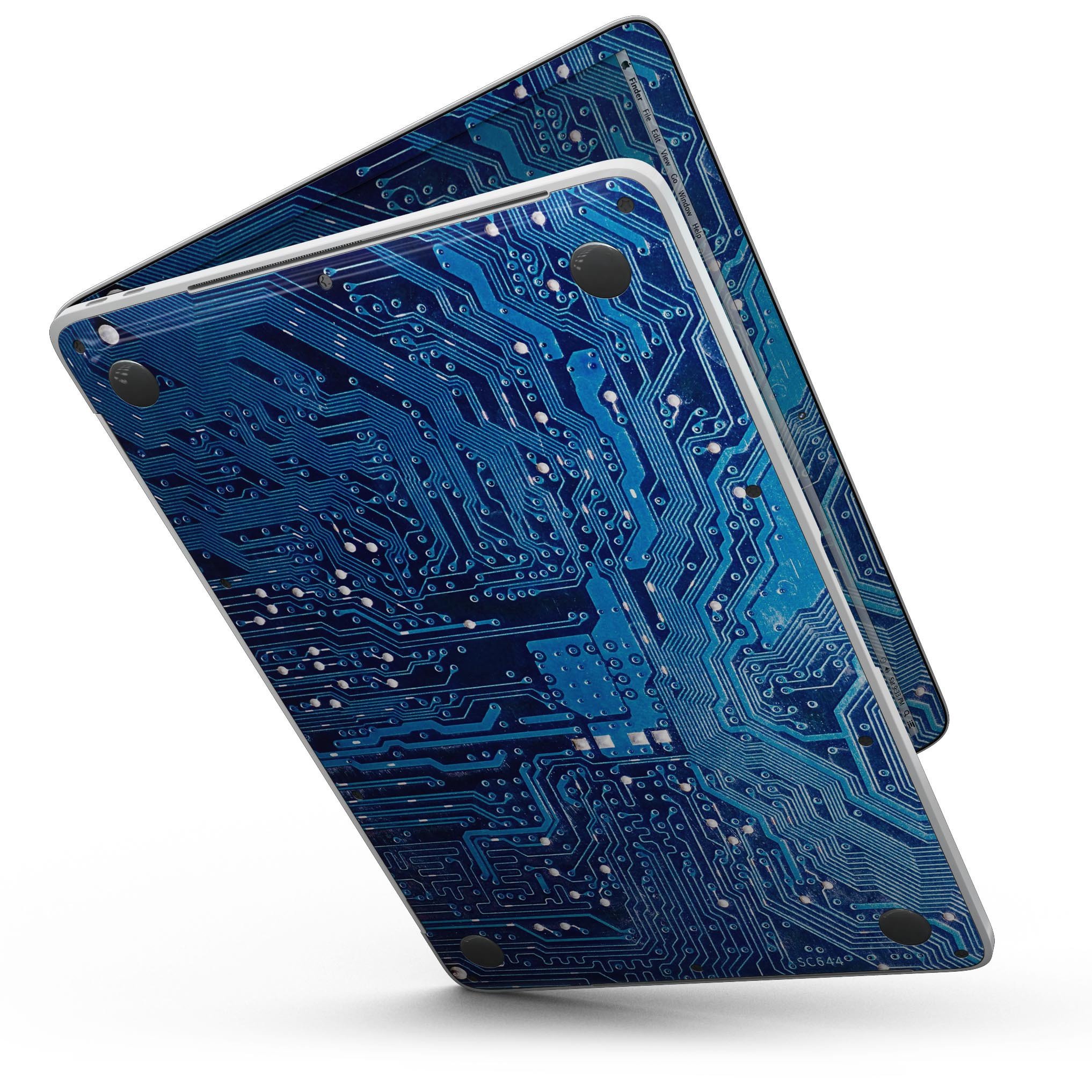 Blue Circuit Board V1 skin kit for MacBook Pro with Touch Bar, showcasing a vibrant circuit design on premium vinyl.