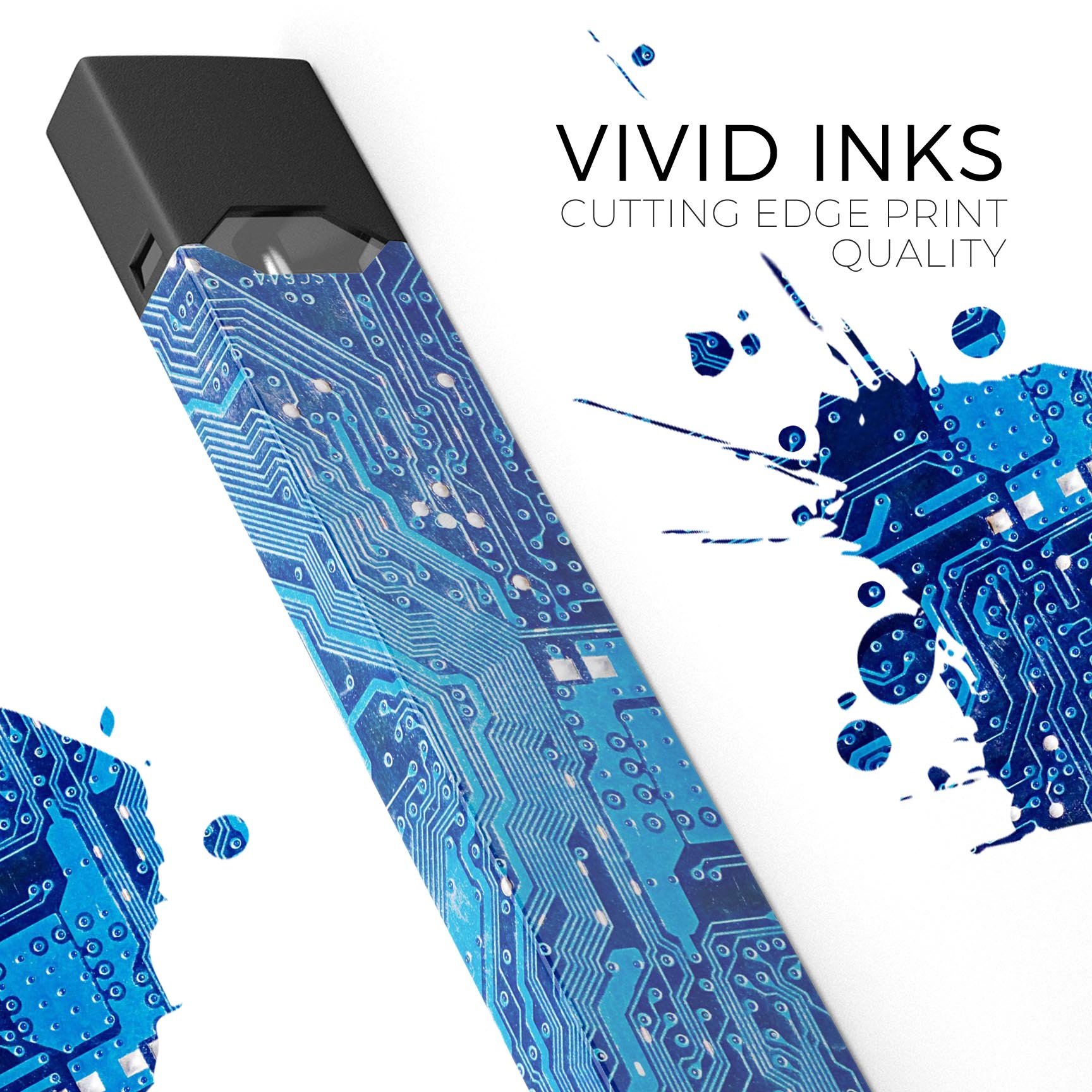 Blue Circuit Board V1 skin-wrap sticker designed for JUUL vaping device, showcasing a vibrant circuit board design.