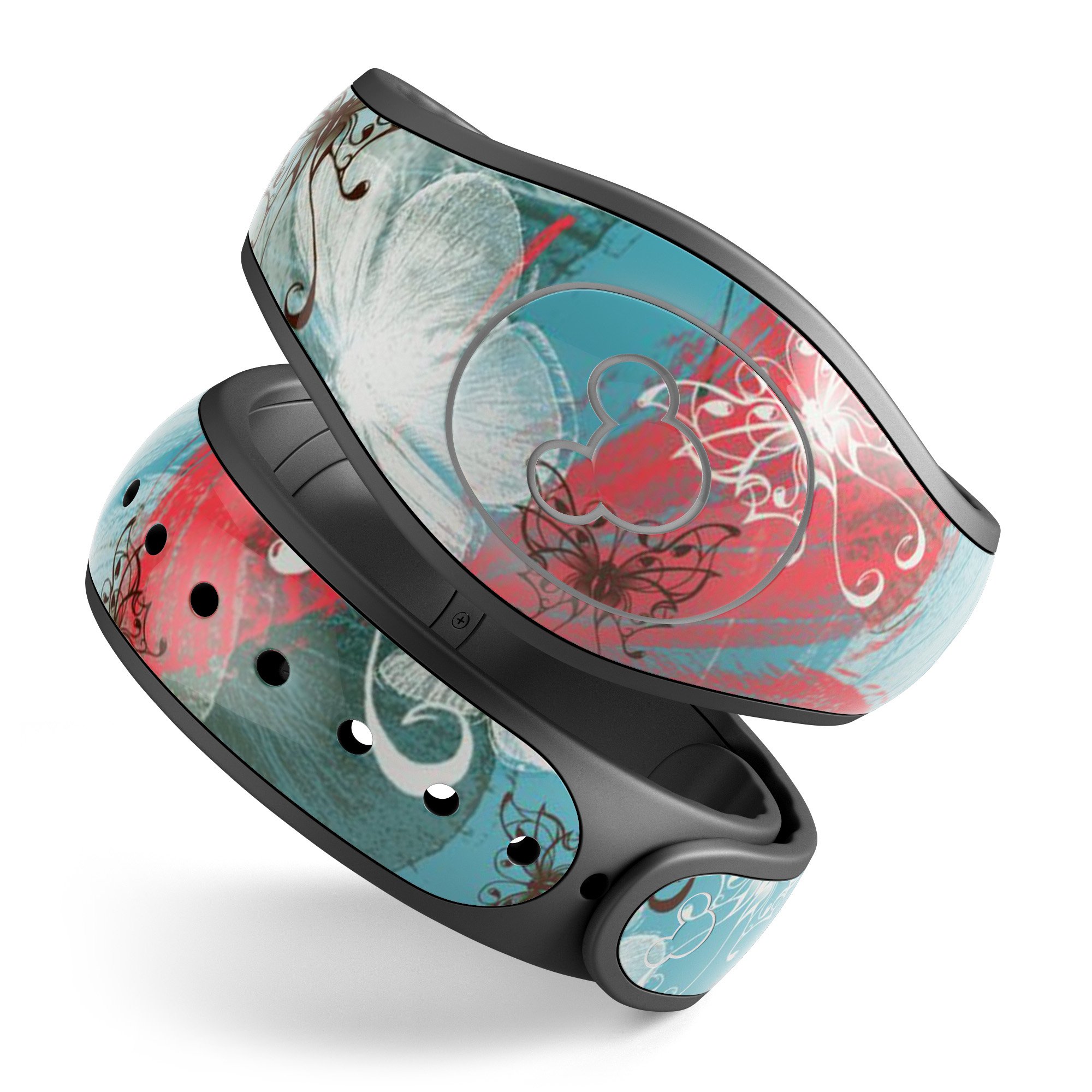 Blue and coral abstract butterfly sprout decal skin wrap for Disney Magic Band, showcasing vibrant colors and intricate design.