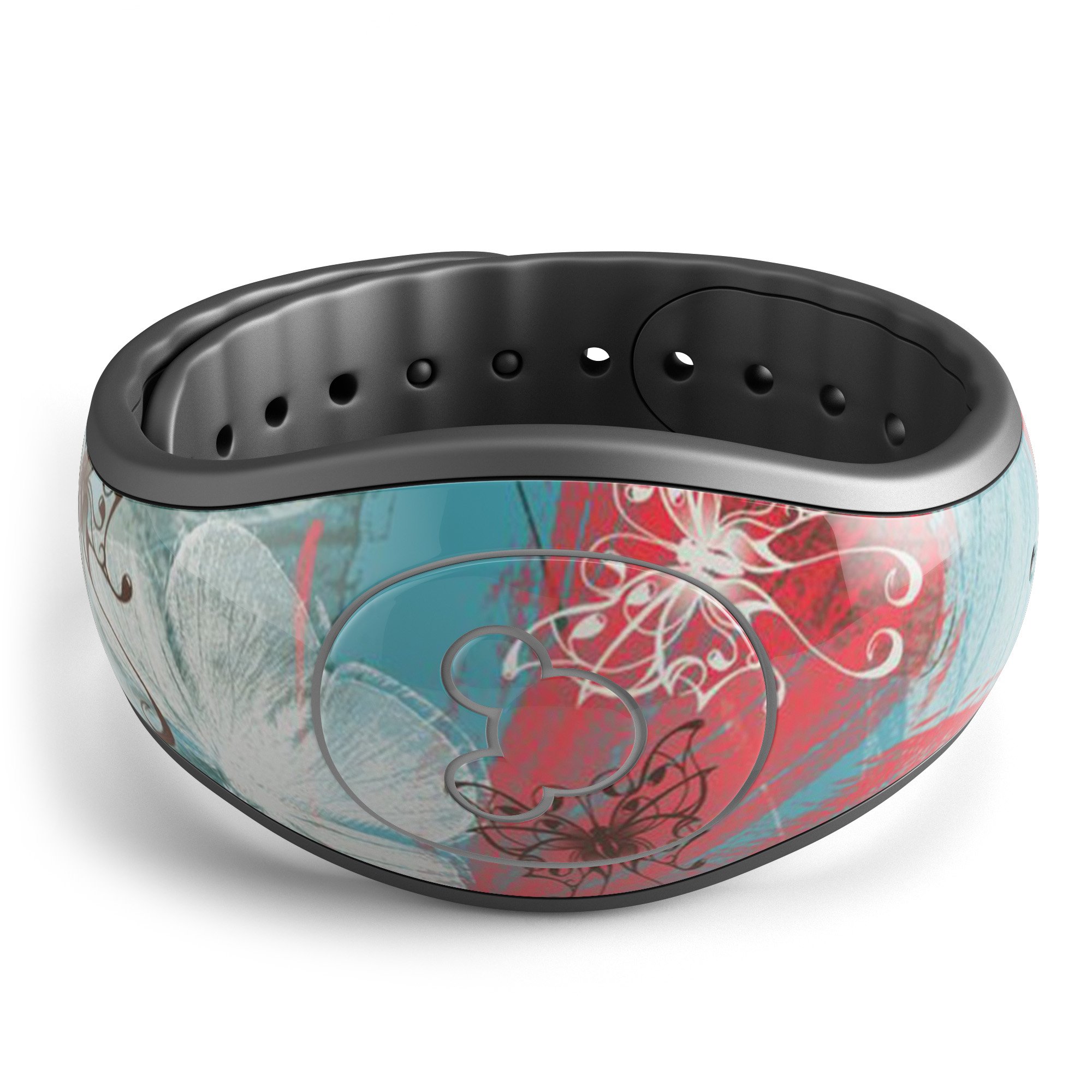 Blue and coral abstract butterfly sprout decal skin wrap for Disney Magic Band, showcasing vibrant colors and intricate design.