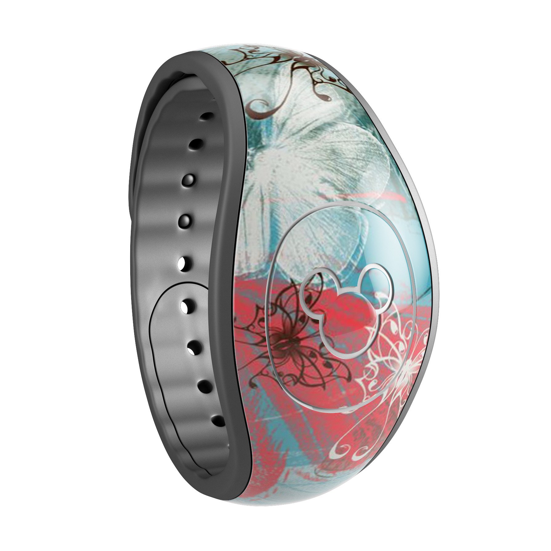 Blue and coral abstract butterfly sprout decal skin wrap for Disney Magic Band, showcasing vibrant colors and intricate design.