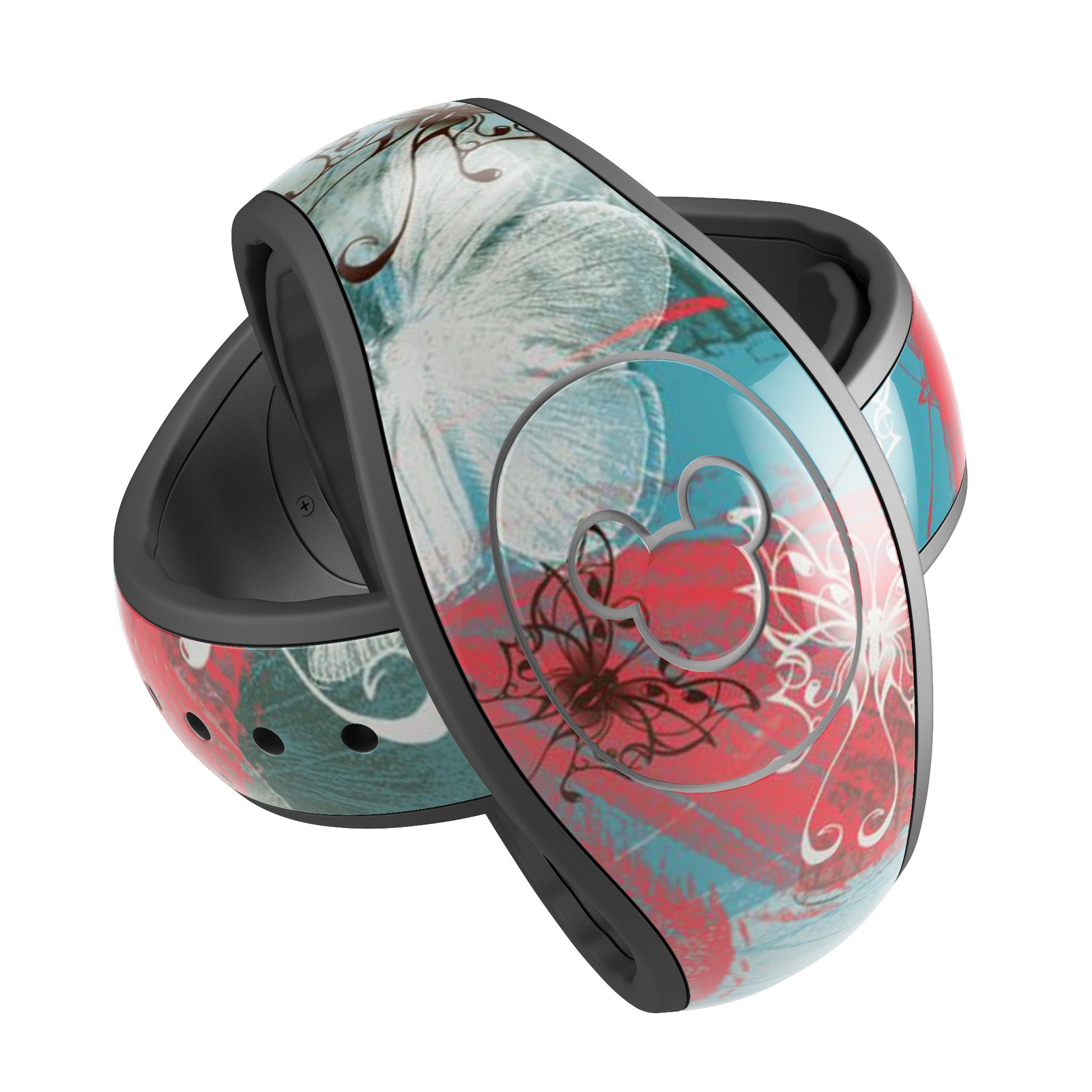 Blue and coral abstract butterfly sprout decal skin wrap for Disney Magic Band, showcasing vibrant colors and intricate design.