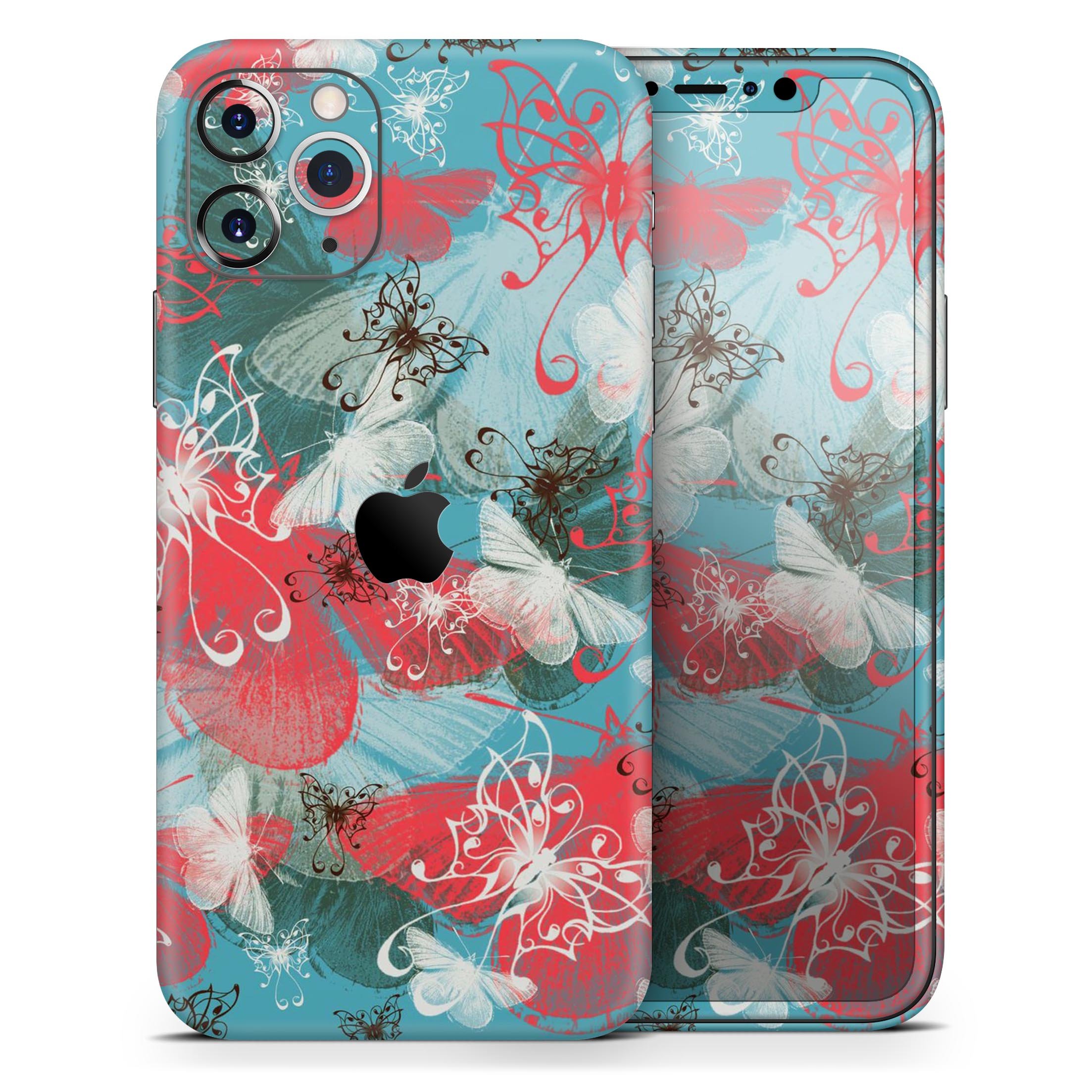 Blue and coral abstract butterfly sprout skin for iPhone, showcasing vibrant colors and intricate design.