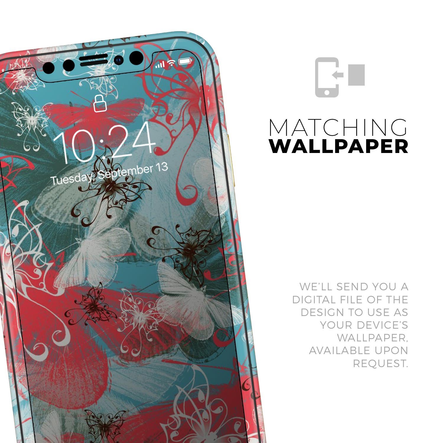 Blue and coral abstract butterfly sprout skin for iPhone, showcasing vibrant colors and intricate design.