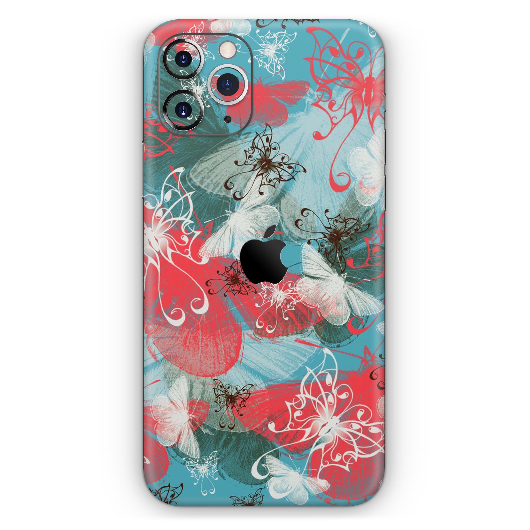 Blue and coral abstract butterfly sprout skin for iPhone, showcasing vibrant colors and intricate design.