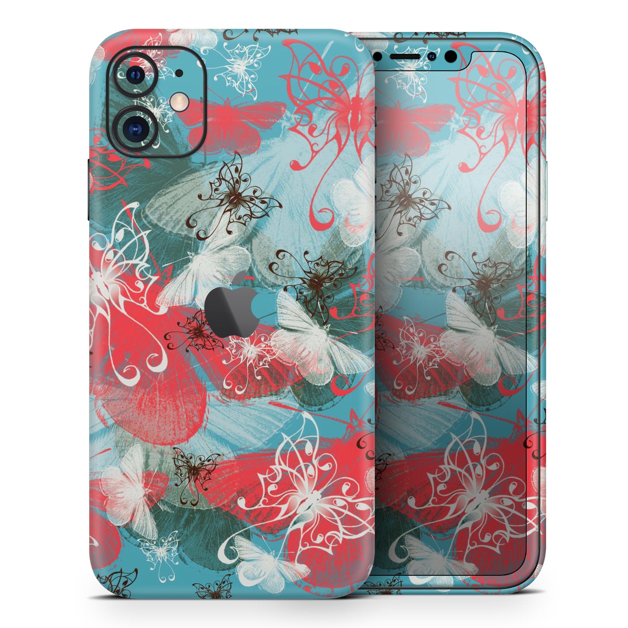 Blue and coral abstract butterfly sprout skin for iPhone, showcasing vibrant colors and intricate design.