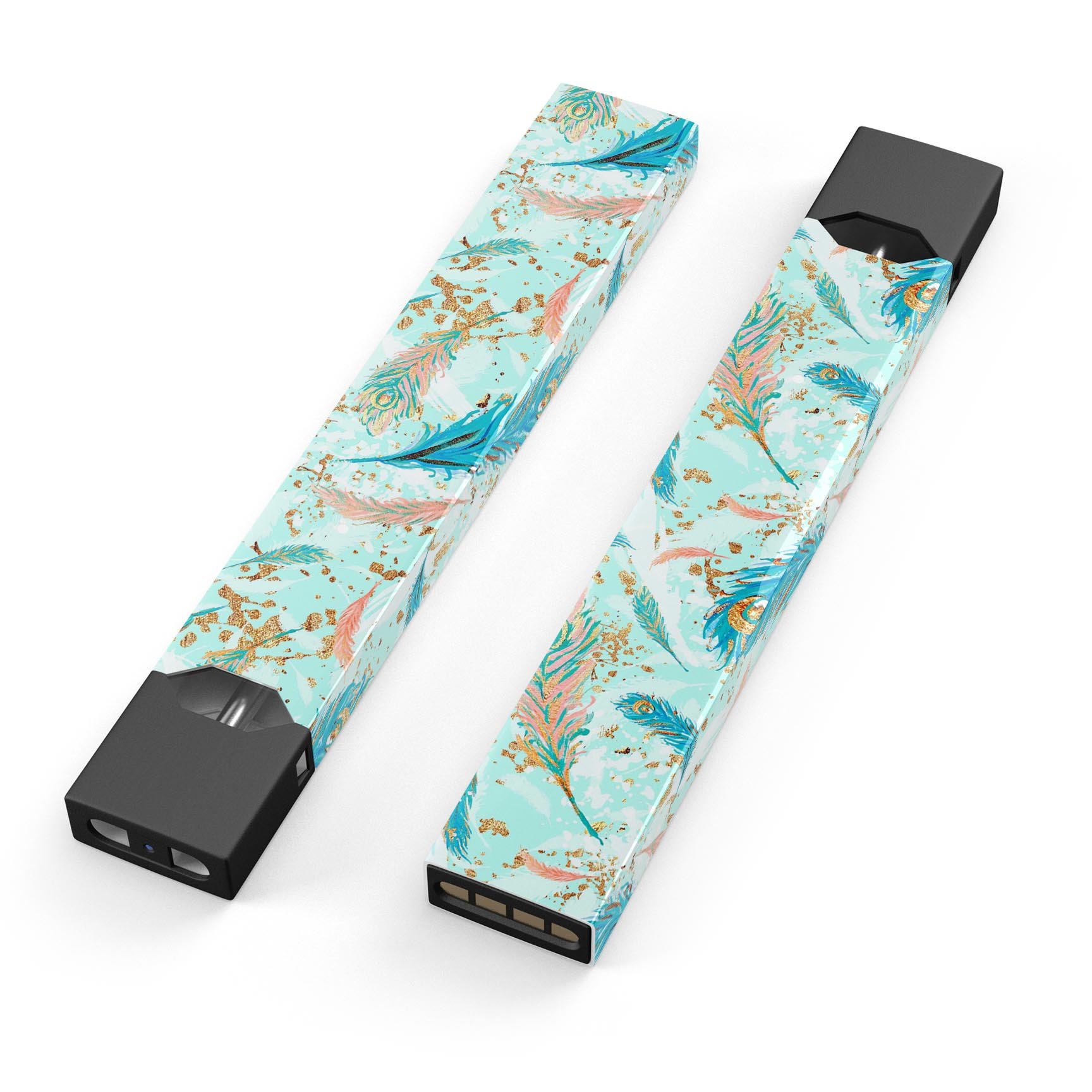 Blue Coral Whispy Feathers skin-wrap for JUUL device, showcasing vibrant colors and intricate feather design.