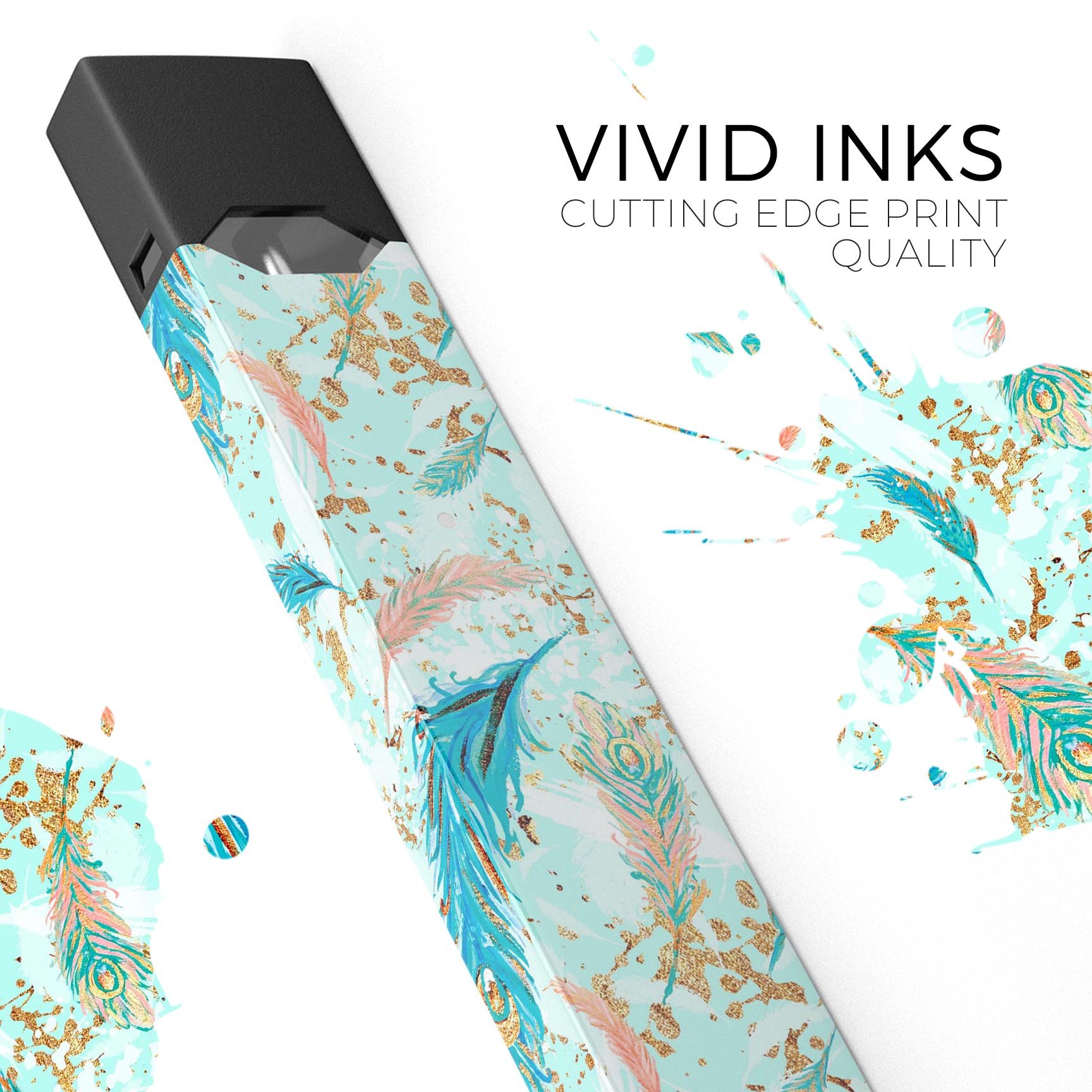 Blue Coral Whispy Feathers skin-wrap for JUUL device, showcasing vibrant colors and intricate feather design.