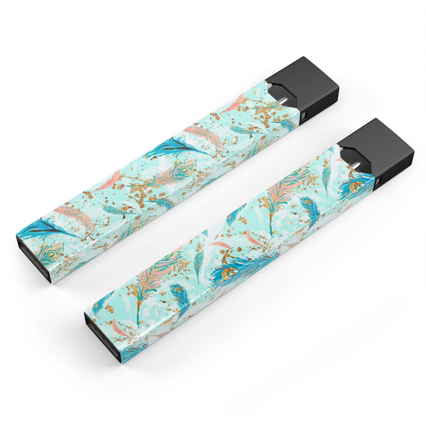 Blue Coral Whispy Feathers skin-wrap for JUUL device, showcasing vibrant colors and intricate feather design.