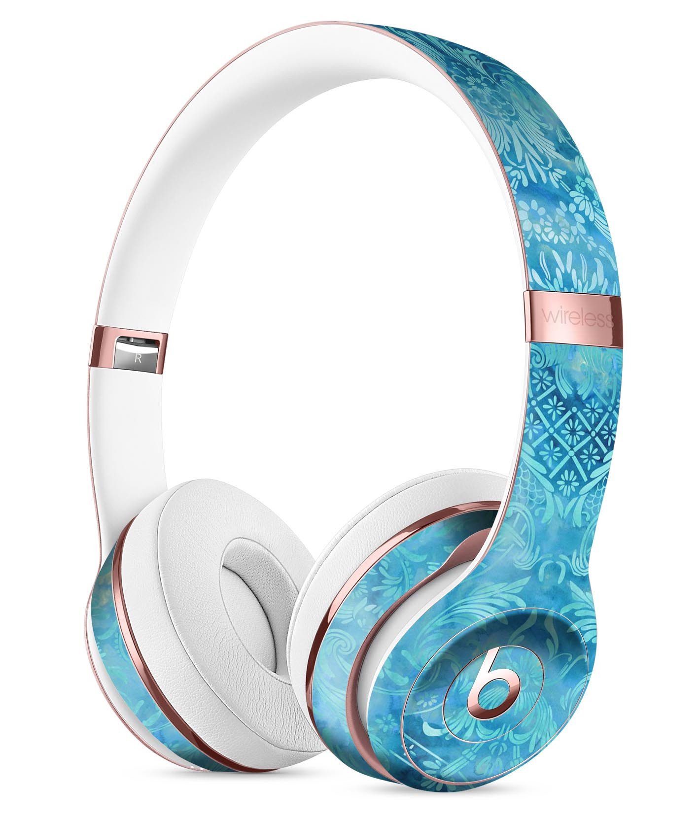 Blue Damask v2 Watercolor Pattern Skin Kit for Beats by Dre Solo 3 Wireless Headphones, showcasing vibrant colors and intricate design.