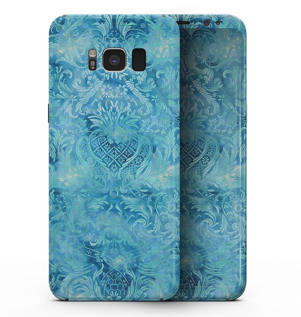 Samsung Galaxy S8 with Blue Damask v2 Watercolor Pattern skin, showcasing vibrant colors and intricate design.