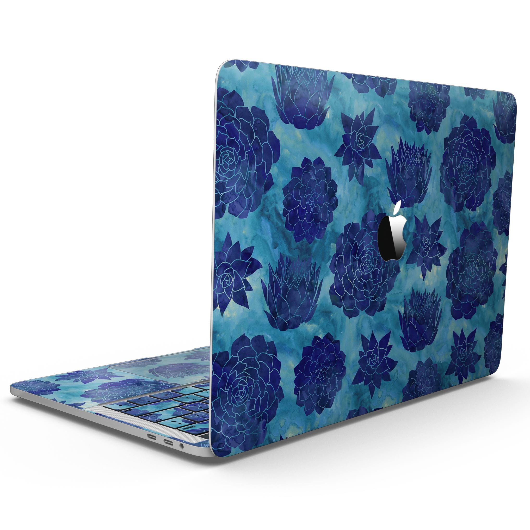 Blue Floral Succulents skin kit for MacBook Pro with Touch Bar, showcasing vibrant floral design on premium vinyl.