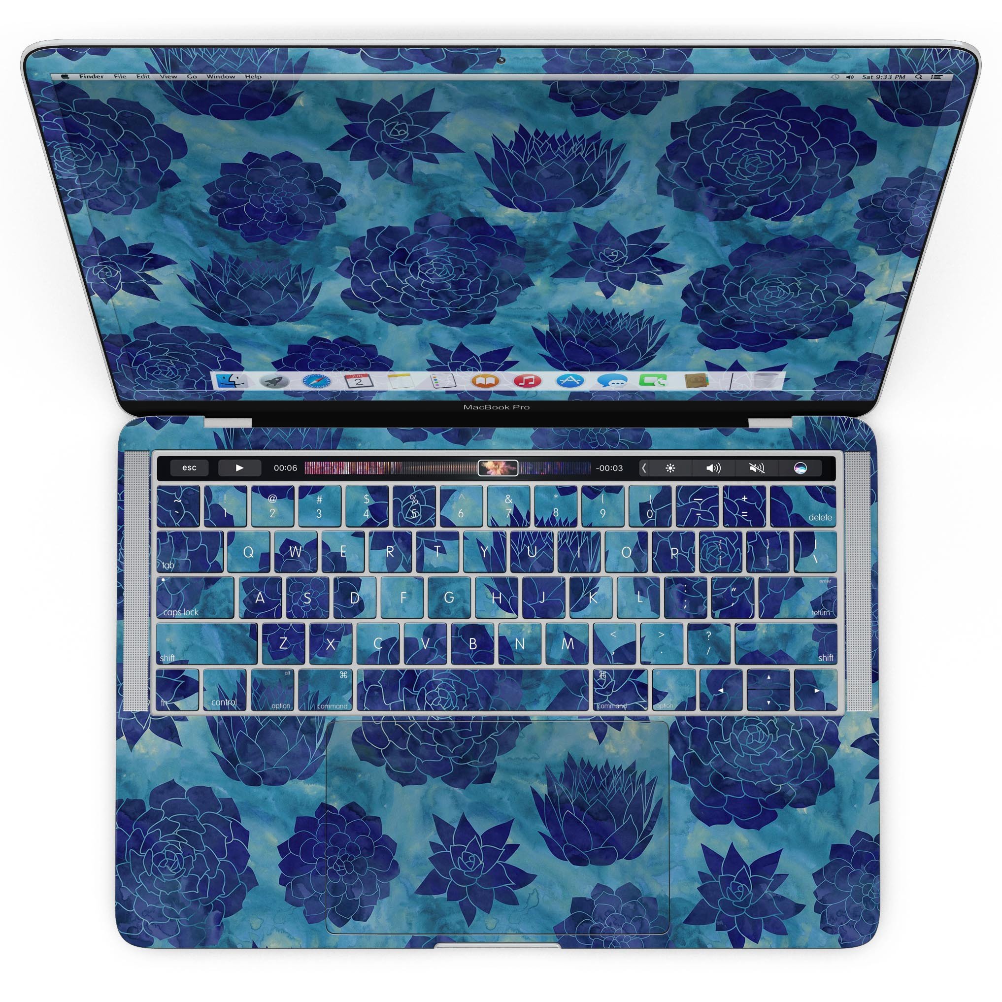 Blue Floral Succulents skin kit for MacBook Pro with Touch Bar, showcasing vibrant floral design on premium vinyl.