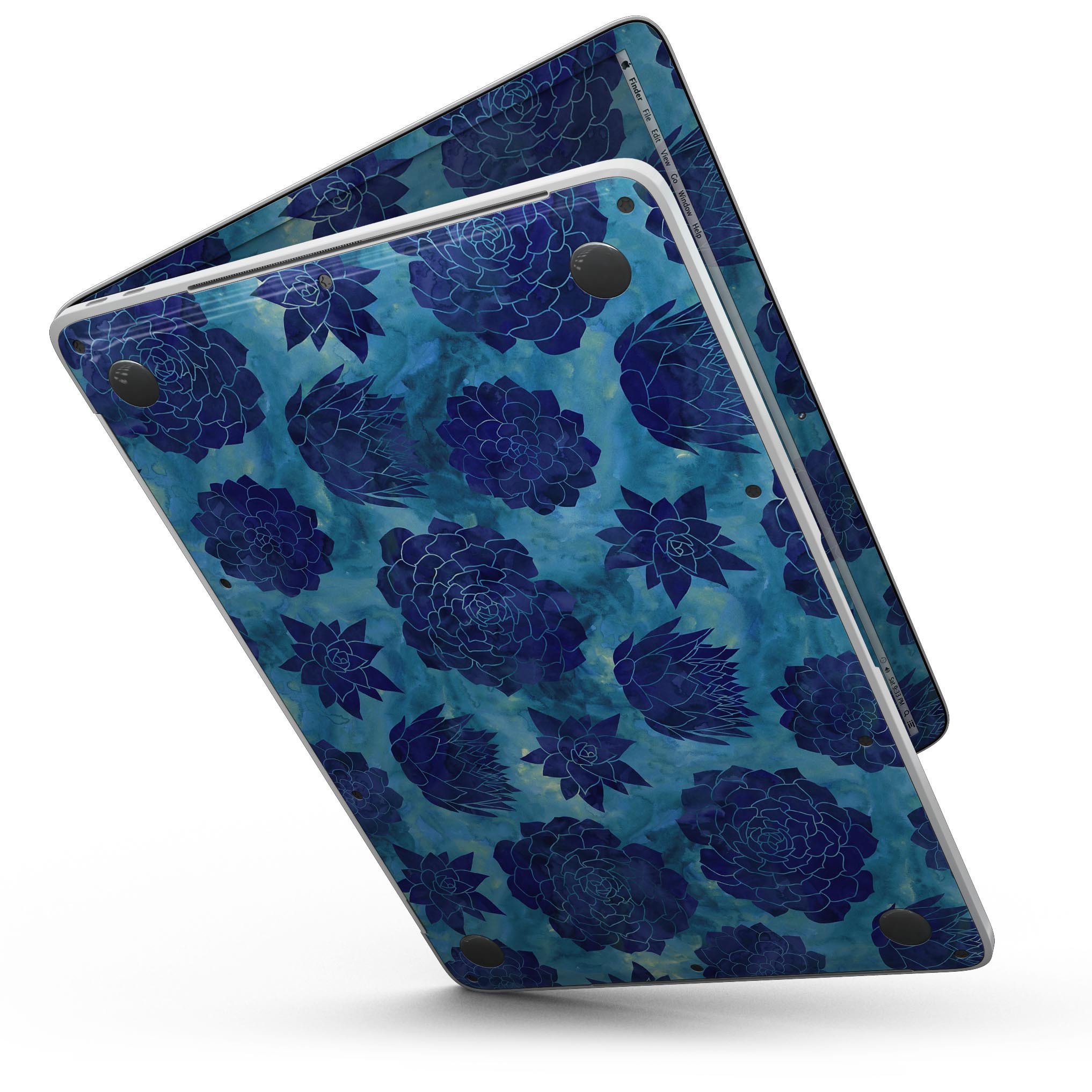 Blue Floral Succulents skin kit for MacBook Pro with Touch Bar, showcasing vibrant floral design on premium vinyl.