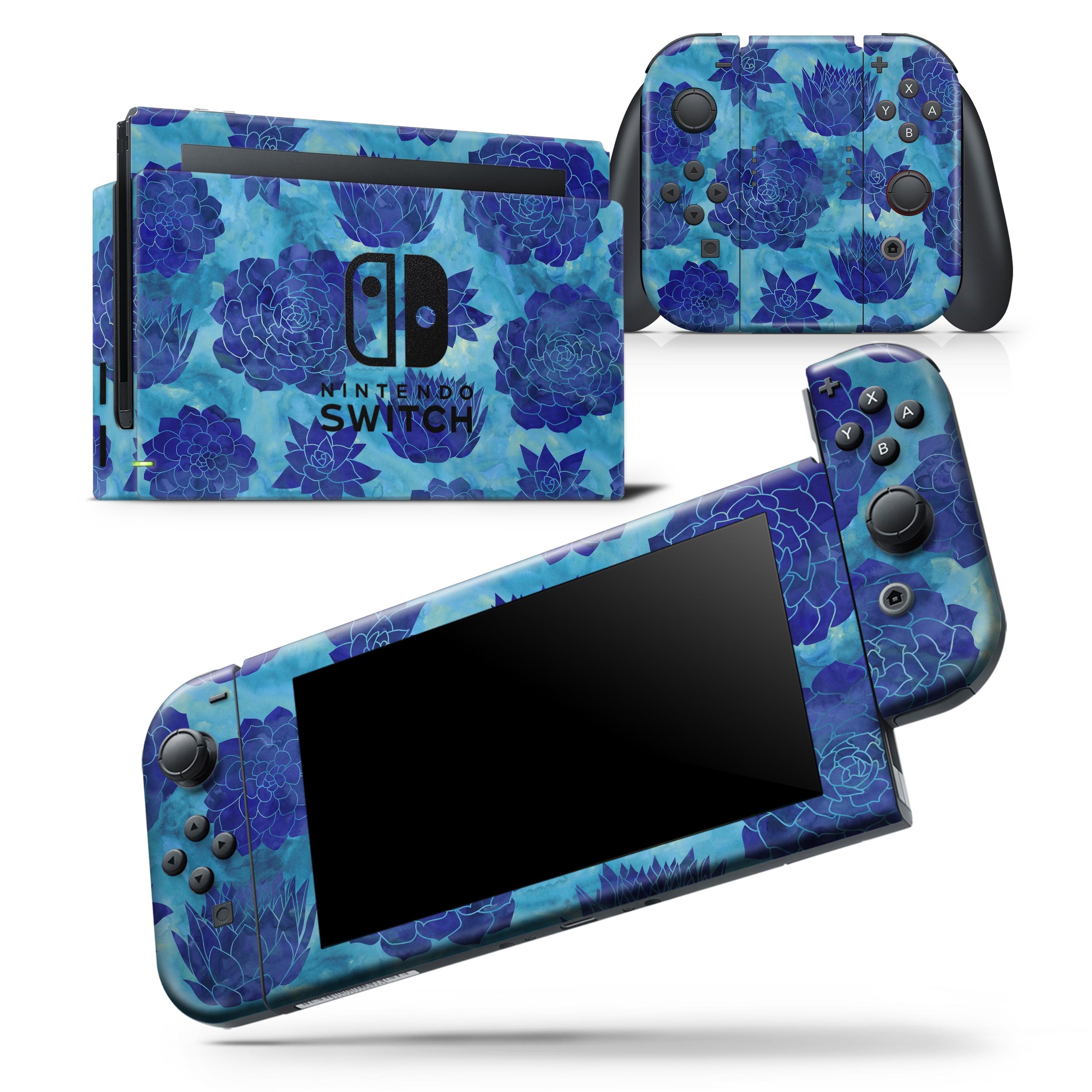 Blue Floral Succulents skin wrap decal for Nintendo Switch Lite, showcasing vibrant floral design and premium vinyl material.