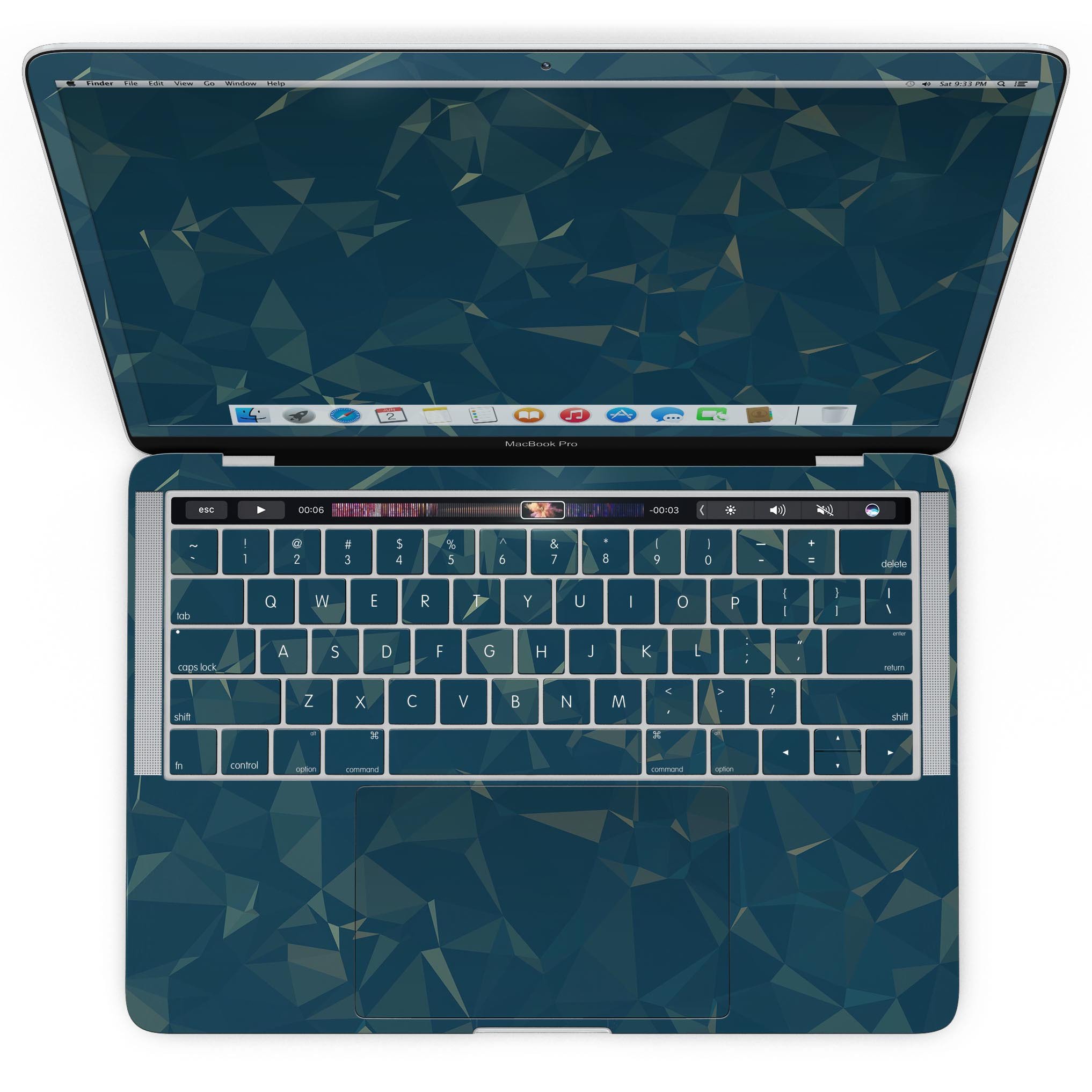 Blue Geometric V10 skin kit for MacBook Pro with Touch Bar, showcasing a stylish geometric design on a sleek device.