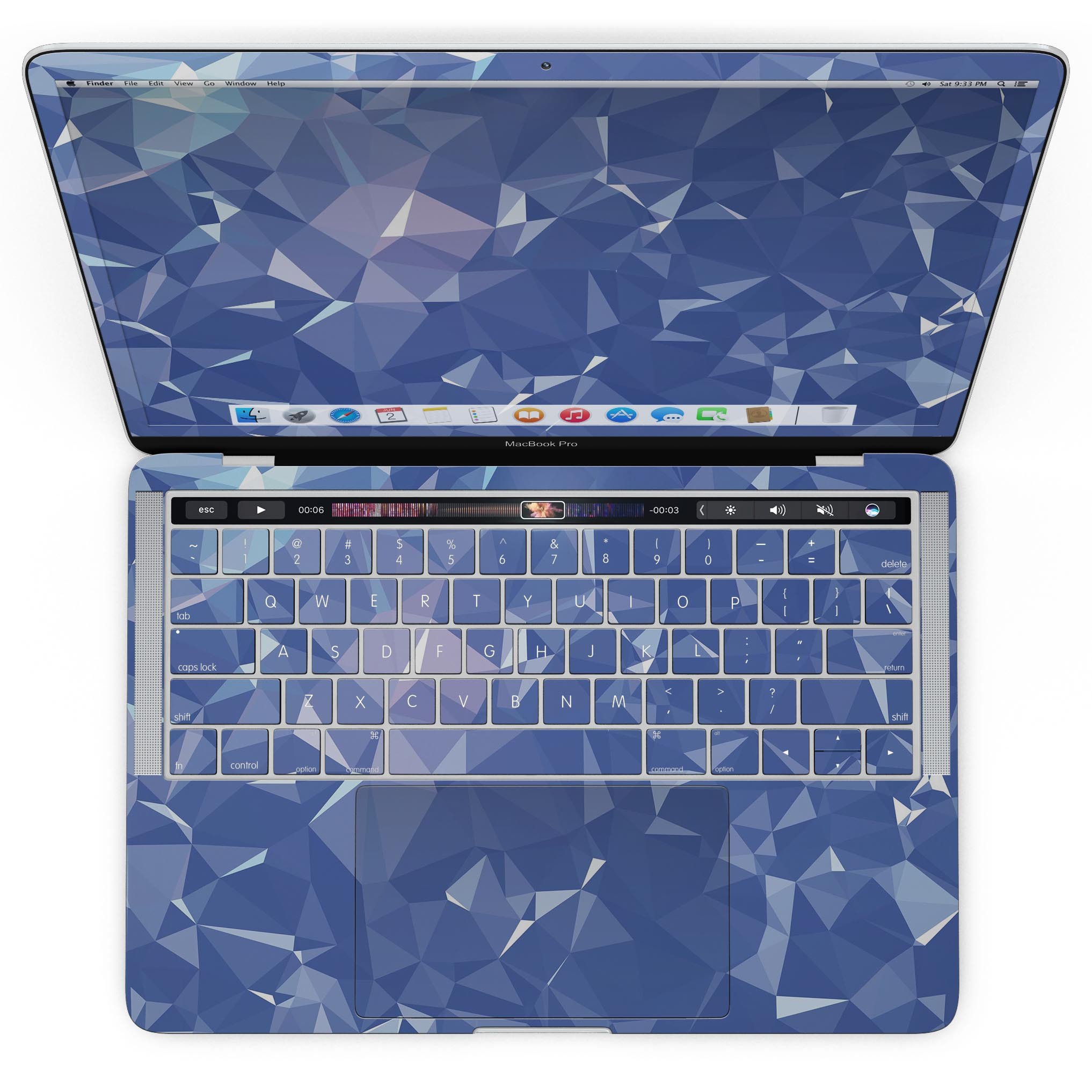 Blue Geometric V16 skin kit for MacBook Pro with Touch Bar, showcasing a vibrant geometric design on premium vinyl.