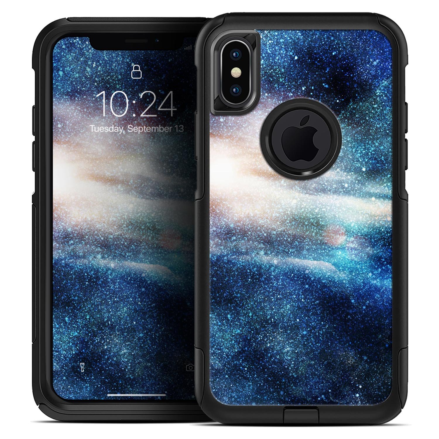 Blue and gold glowing star-wave skin kit for iPhone OtterBox cases, showcasing a vibrant design with dual-layer protection.