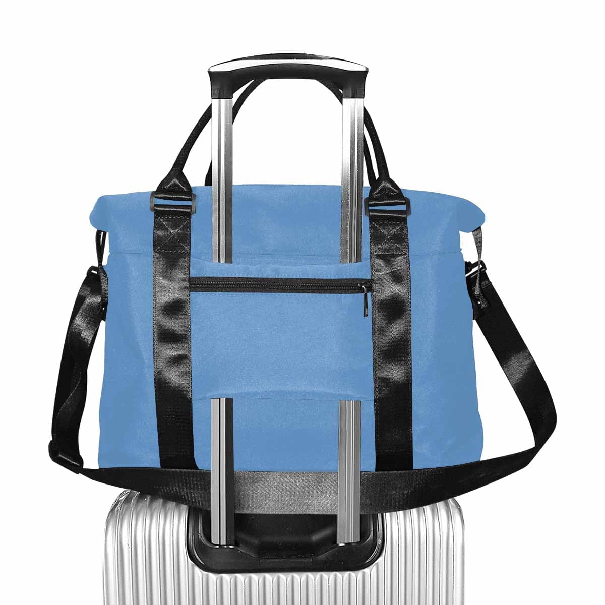 A large blue gray duffel bag made from durable oxford fabric, featuring handles and an adjustable strap, perfect for travel.