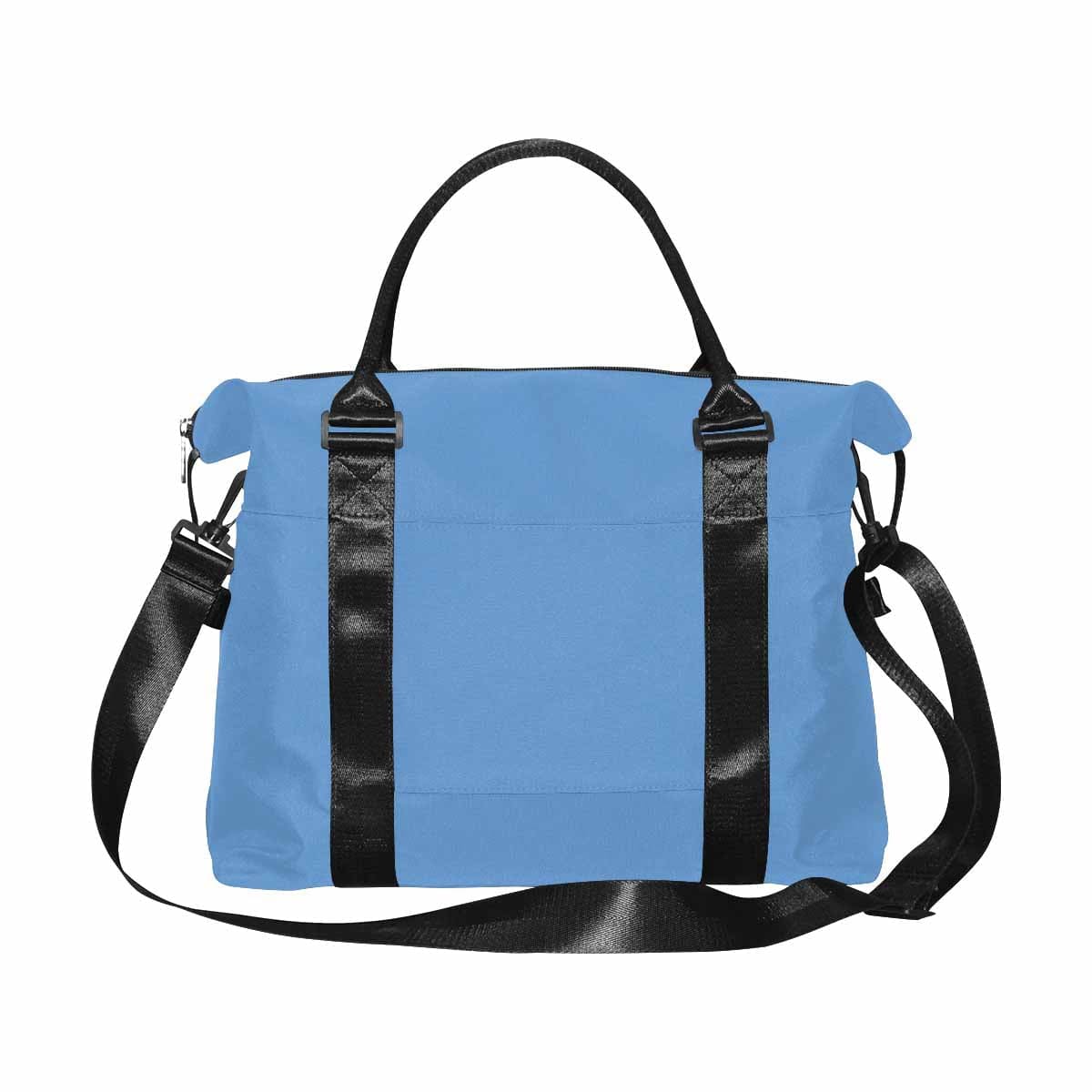 A large blue gray duffel bag made from durable oxford fabric, featuring handles and an adjustable strap, perfect for travel.