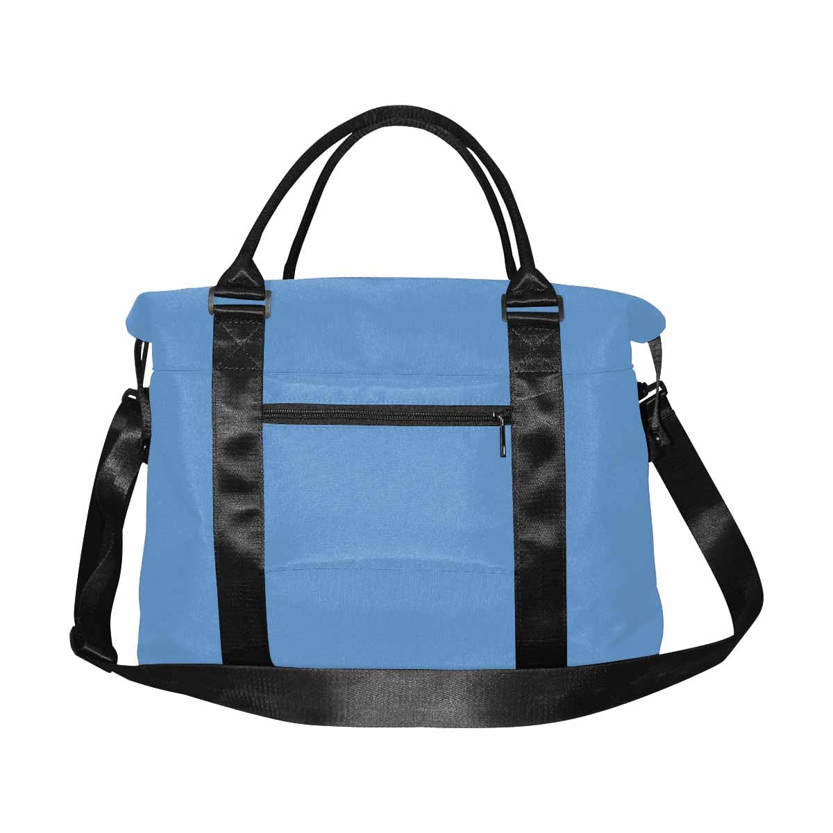 A large blue gray duffel bag made from durable oxford fabric, featuring handles and an adjustable strap, perfect for travel.