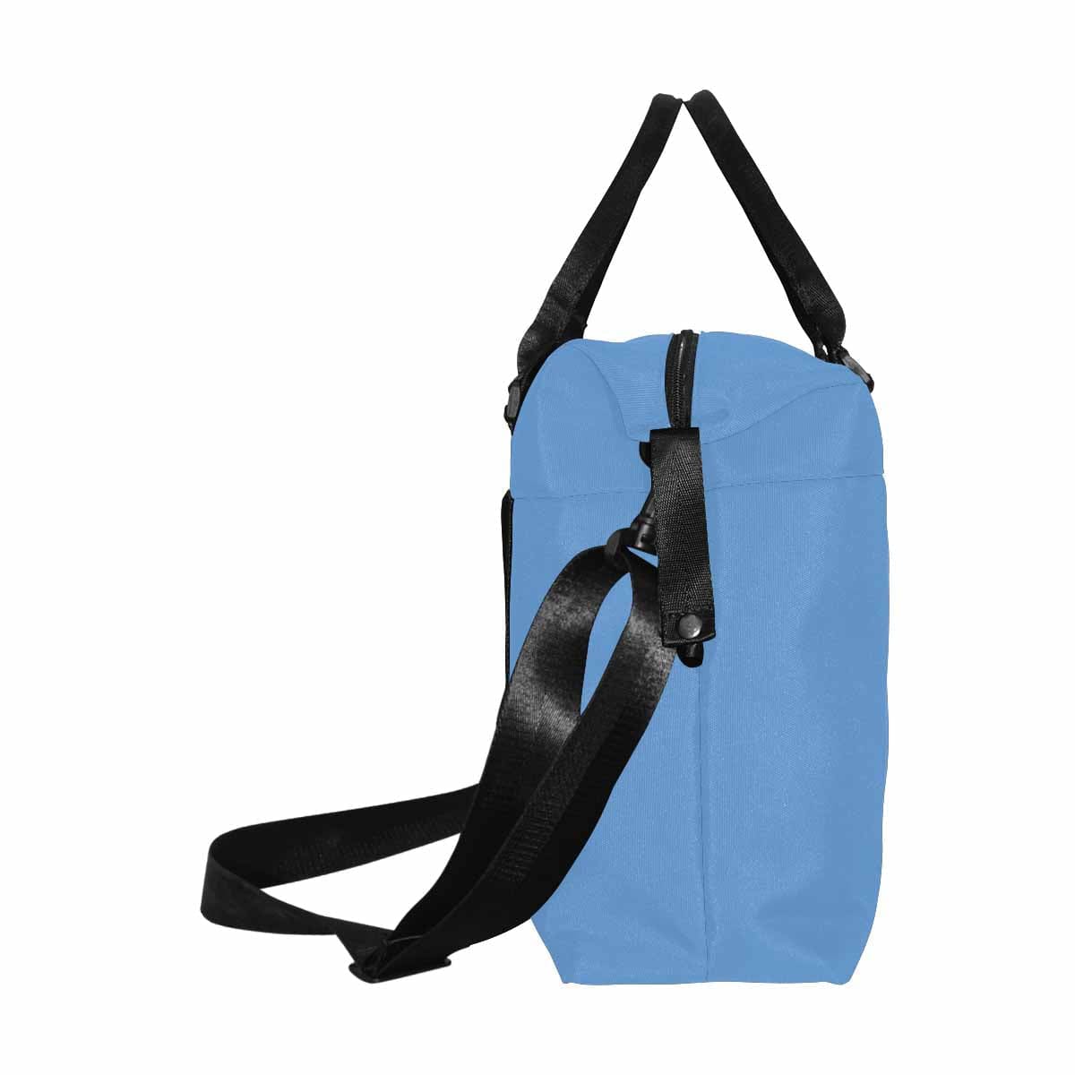 A large blue gray duffel bag made from durable oxford fabric, featuring handles and an adjustable strap, perfect for travel.