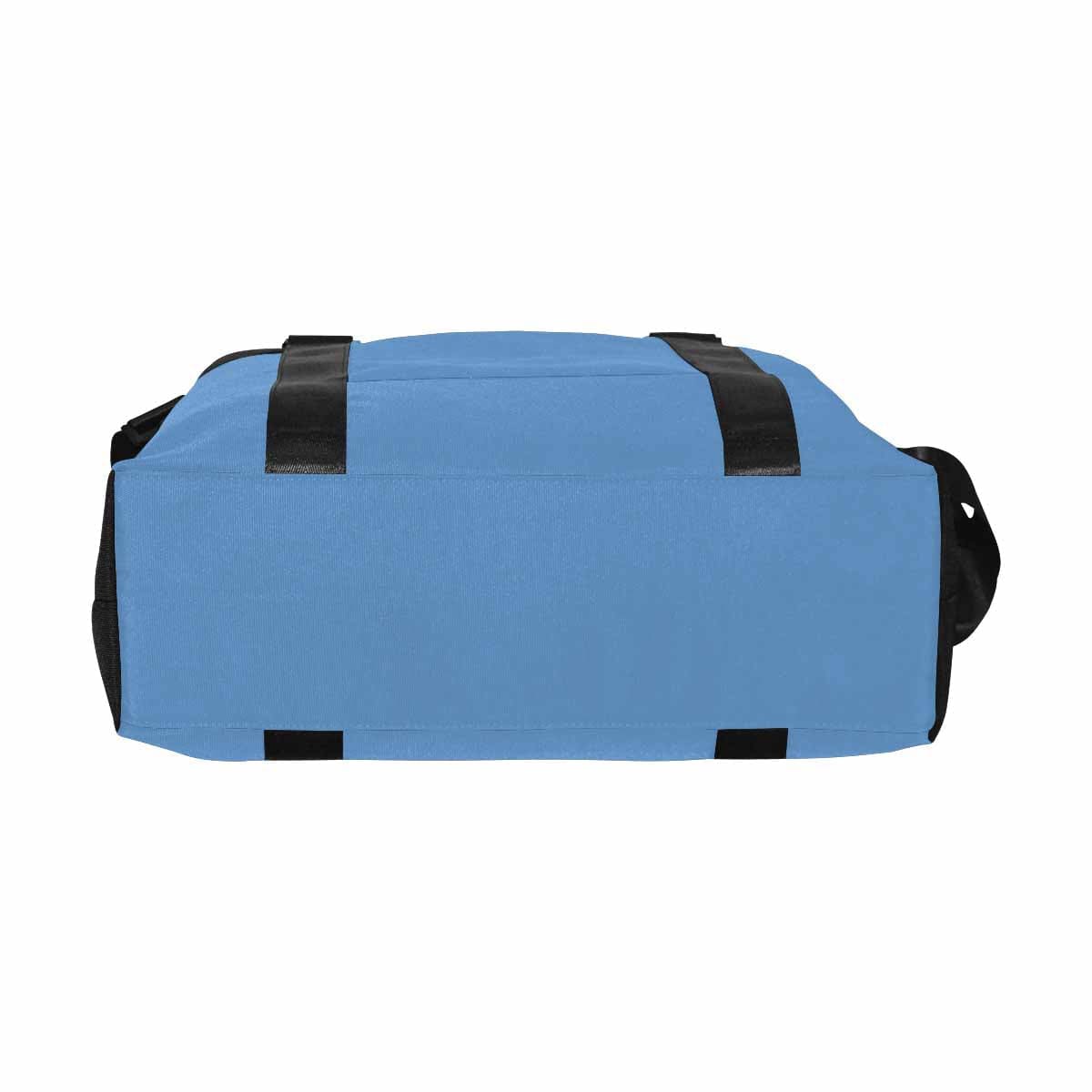 A large blue gray duffel bag made from durable oxford fabric, featuring handles and an adjustable strap, perfect for travel.