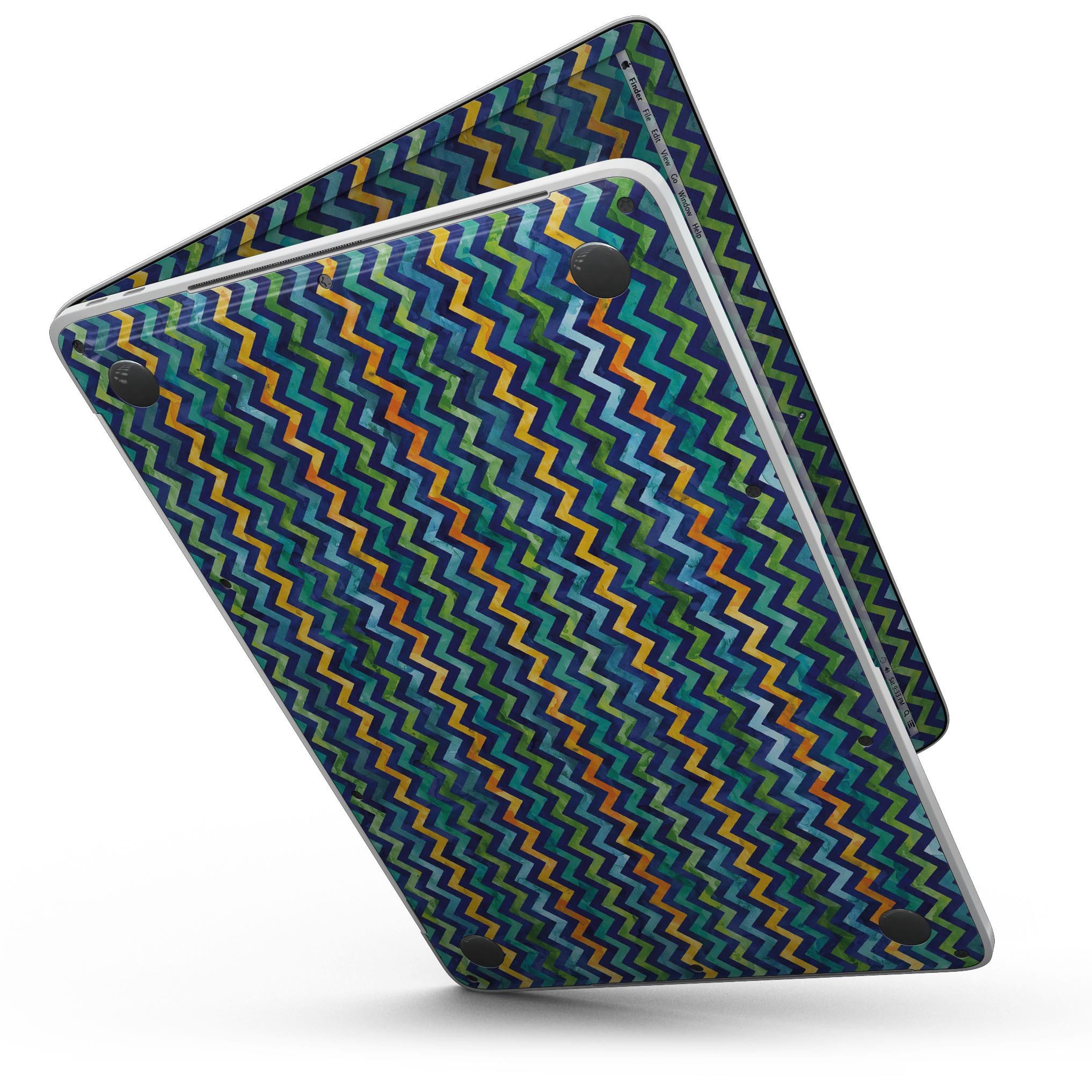 A 13" MacBook Pro covered with a Blue Green Yellow and Orange Watercolor Chevron Pattern skin, showcasing vibrant colors and stylish design.