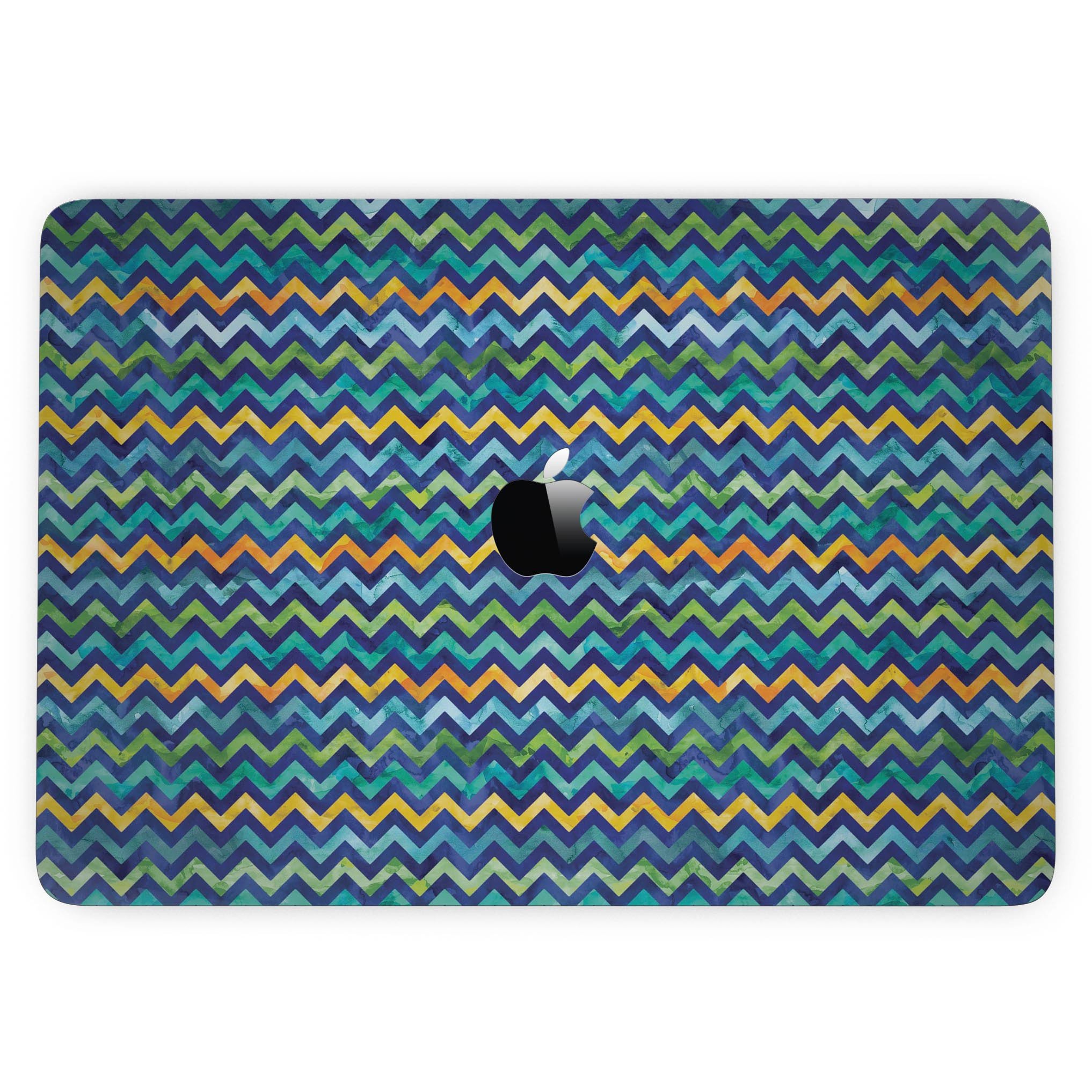 A 13" MacBook Pro covered with a Blue Green Yellow and Orange Watercolor Chevron Pattern skin, showcasing vibrant colors and stylish design.