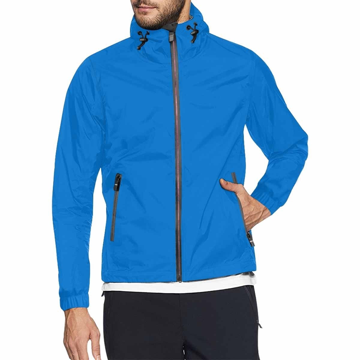 Blue Grotto Hooded Windbreaker Jacket for men and women, featuring a stylish design with adjustable hood and zippered pockets.