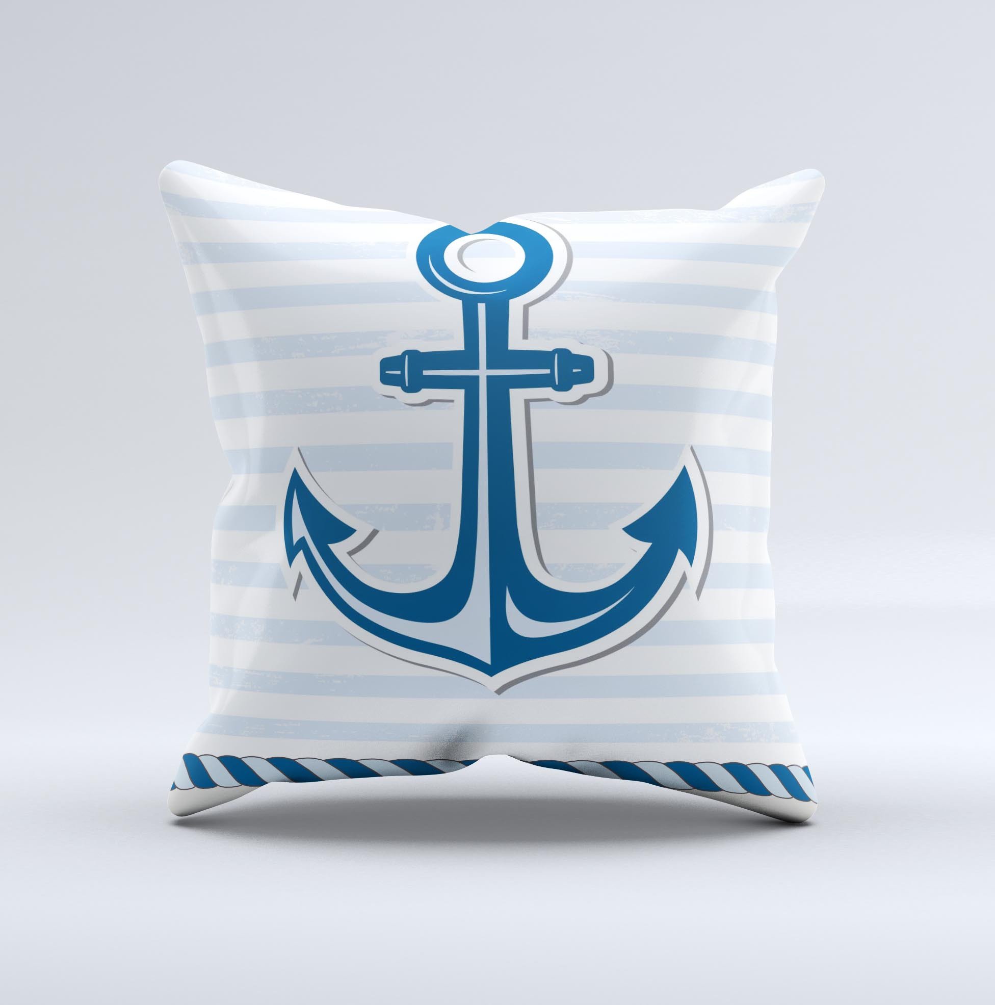 Blue Highlighted Anchor decorative throw pillow with rope design, showcasing its unique handmade quality and vibrant colors.