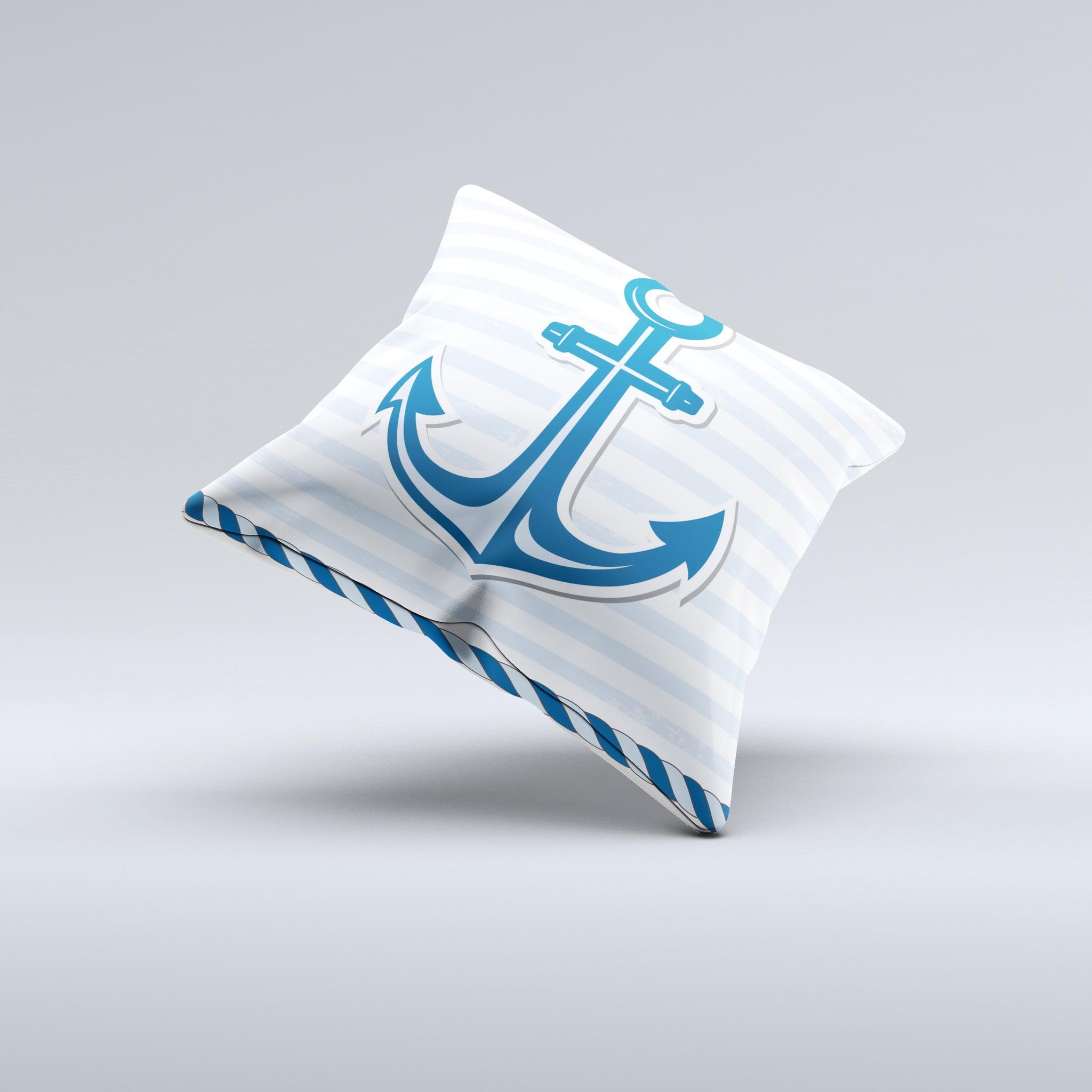 Blue Highlighted Anchor decorative throw pillow with rope design, showcasing its unique handmade quality and vibrant colors.