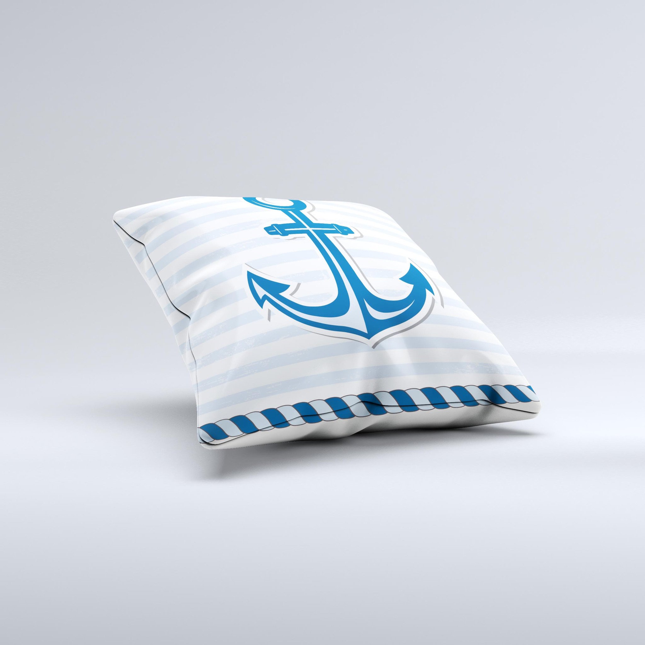 Blue Highlighted Anchor decorative throw pillow with rope design, showcasing its unique handmade quality and vibrant colors.