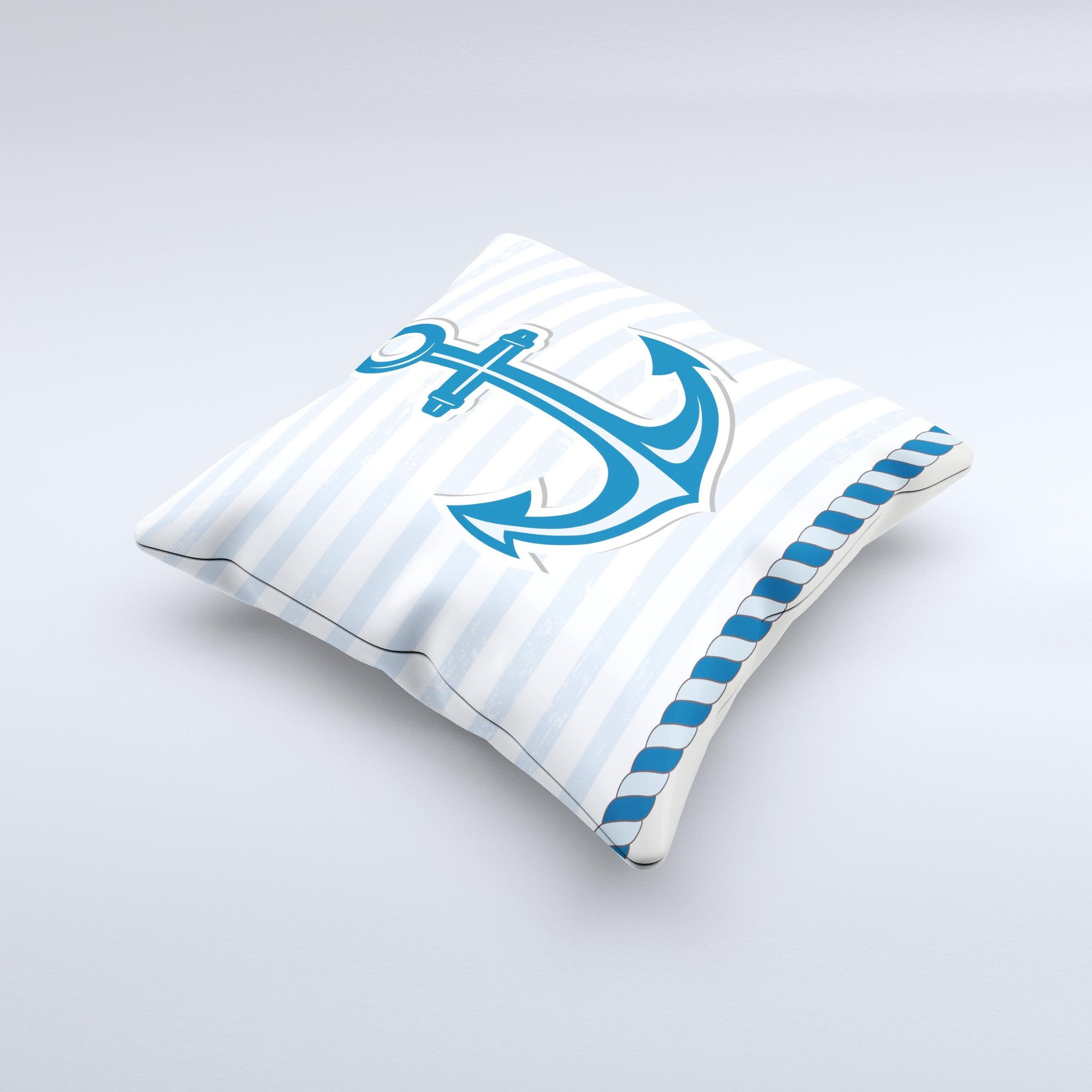 Blue Highlighted Anchor decorative throw pillow with rope design, showcasing its unique handmade quality and vibrant colors.