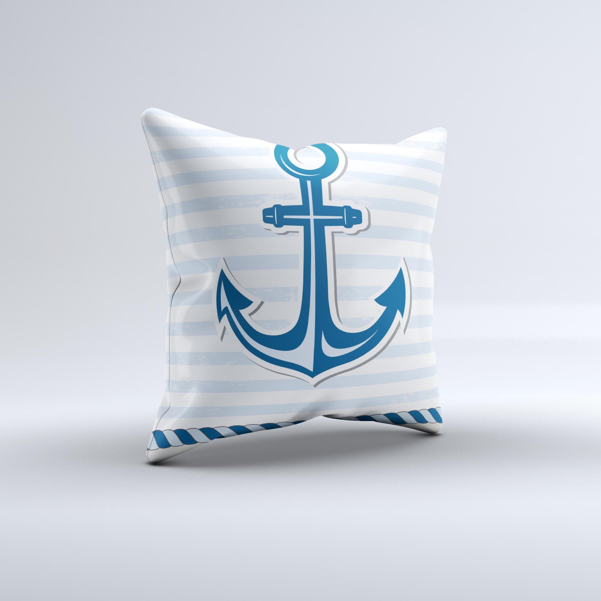 Blue Highlighted Anchor decorative throw pillow with rope design, showcasing its unique handmade quality and vibrant colors.