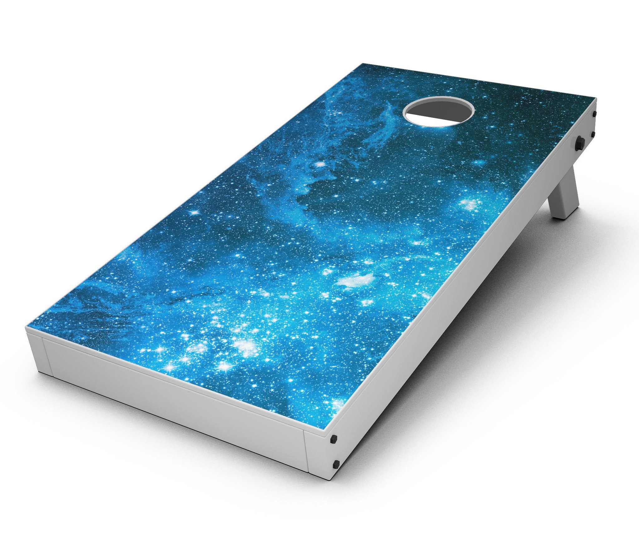 Blue Hue Nebula CornHole Board Skin Decal Kit showcasing vibrant cosmic design for custom Cornhole boards.