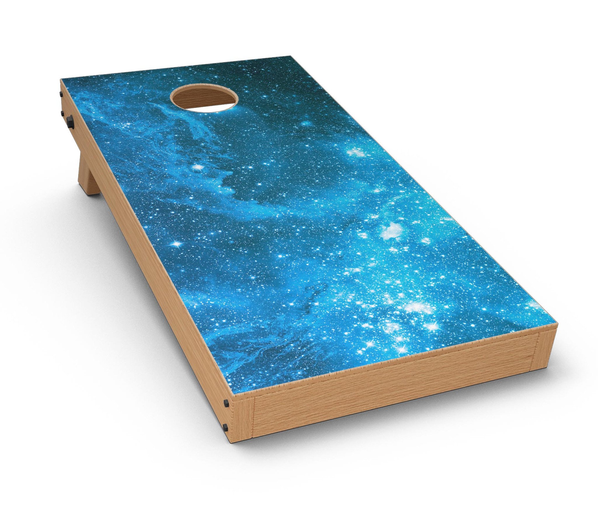 Blue Hue Nebula CornHole Board Skin Decal Kit showcasing vibrant cosmic design for custom Cornhole boards.