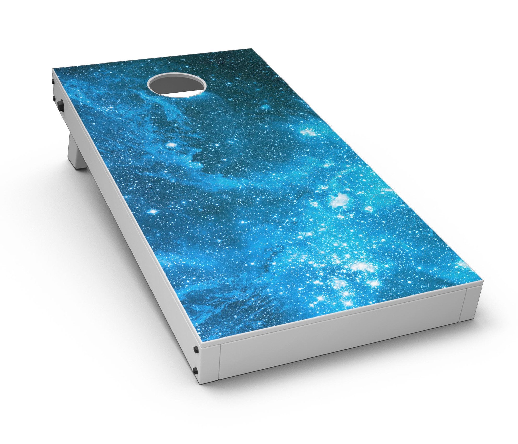 Blue Hue Nebula CornHole Board Skin Decal Kit showcasing vibrant cosmic design for custom Cornhole boards.