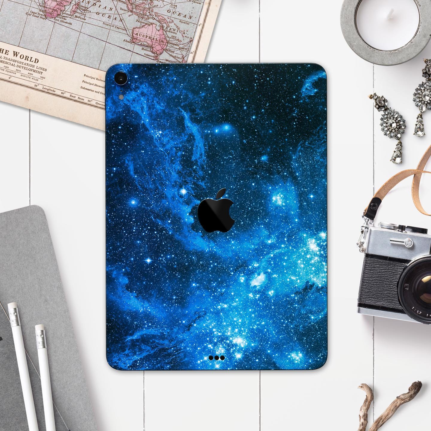 Blue Hue Nebula skin decal for Apple iPad Pro 12.9", showcasing vibrant cosmic design and premium finish.