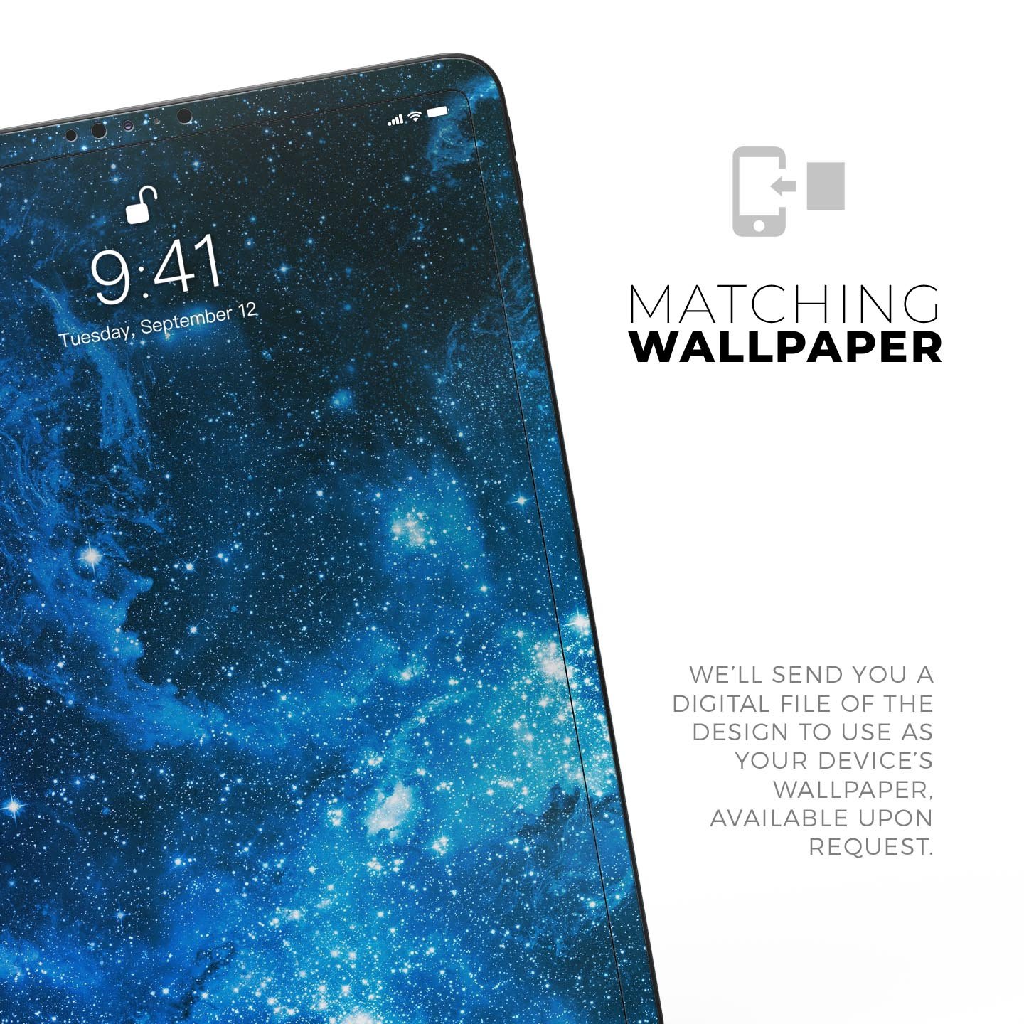 Blue Hue Nebula skin decal for Apple iPad Pro 12.9", showcasing vibrant cosmic design and premium finish.