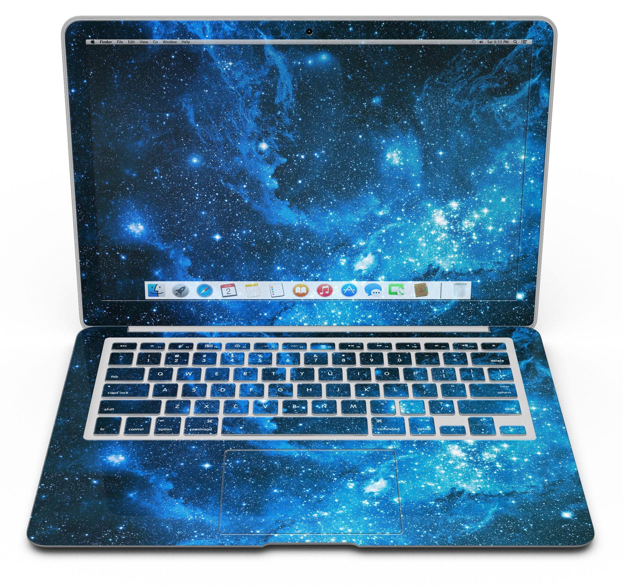 Blue Hue Nebula MacBook Air Skin Kit showcasing vibrant colors and sleek design.