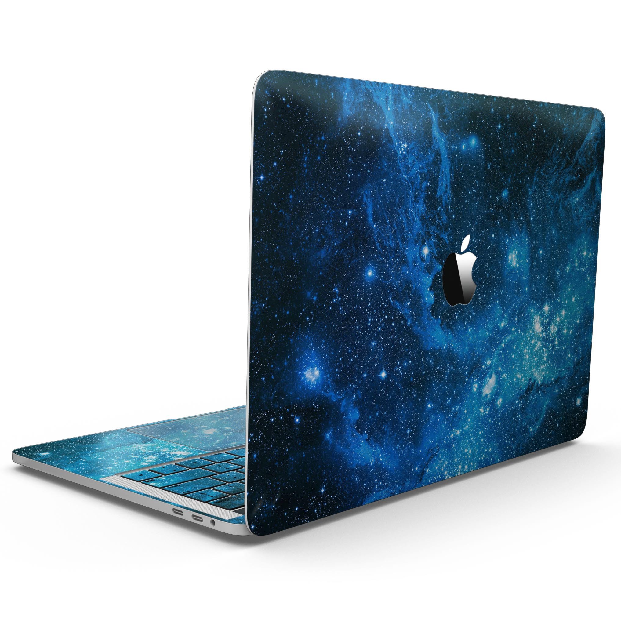 Blue Hue Nebula skin kit for MacBook Pro with Touch Bar, showcasing vibrant colors and sleek design.